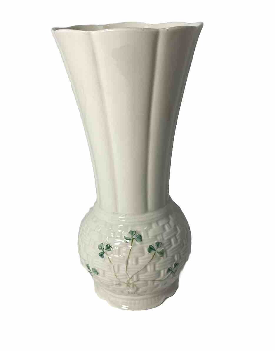 Beleek Vintage Blue Mark Listowel Basketweave with Shamrocks 8” Vase-Mint