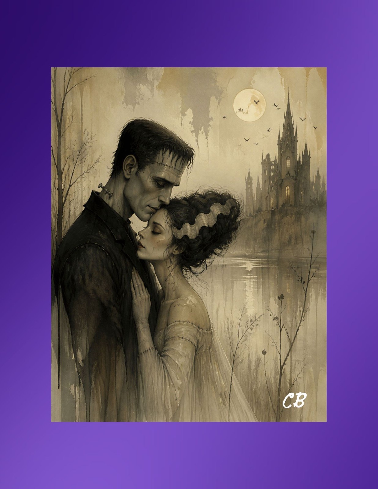Frankenstein & Bride in Moonlight LIMITED EDITION ACEO Giclee | Numbered X/25 |