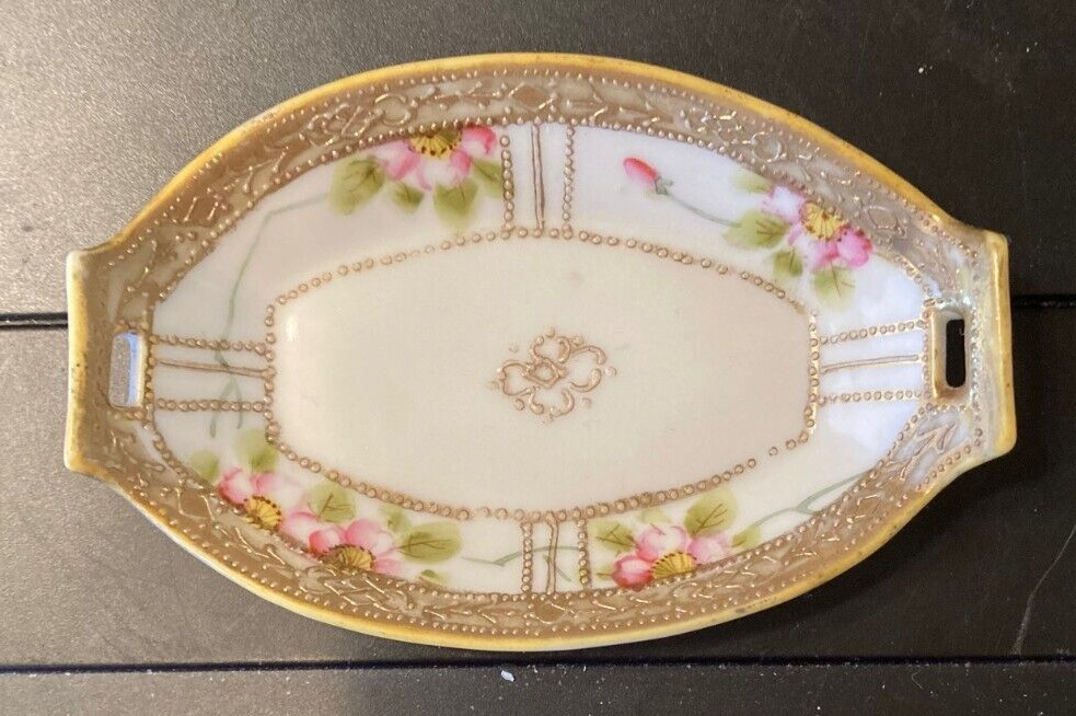 Vintage Pre-WWII Hand Painted Nippon Tiny Dish w/ Handles~Pink Roses & Gold