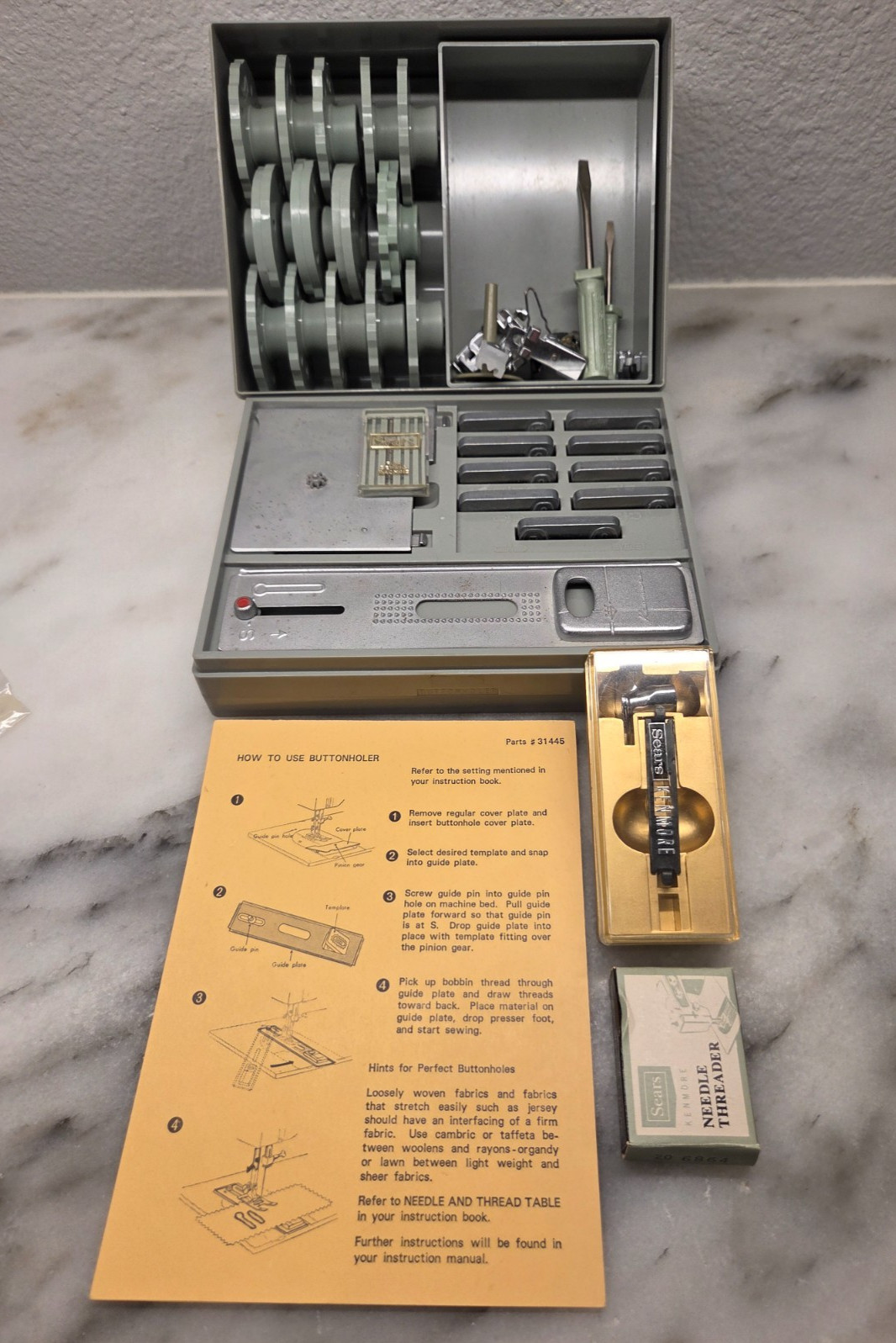 Vintage Sears Kenmore Buttonholer Set #31445 Cams Templates Accessories w Case Vintage Sears Kenmore Buttonholer Set #31445 Cams Templates Accessories w Case
