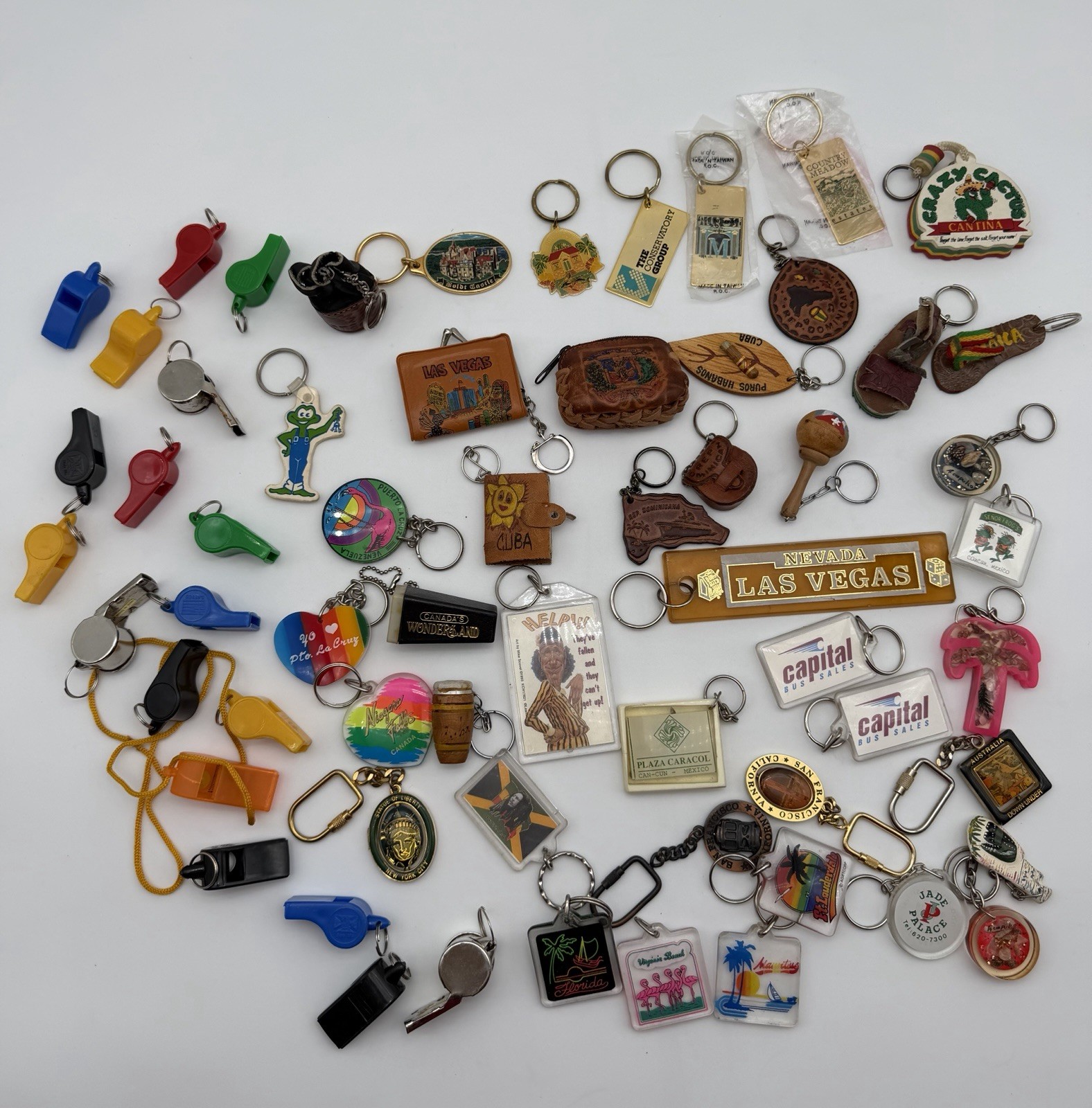 Vintage Souvenir Keychain & Whistle Lot 61 Pcs Travel Collectibles Mixed(#B13)