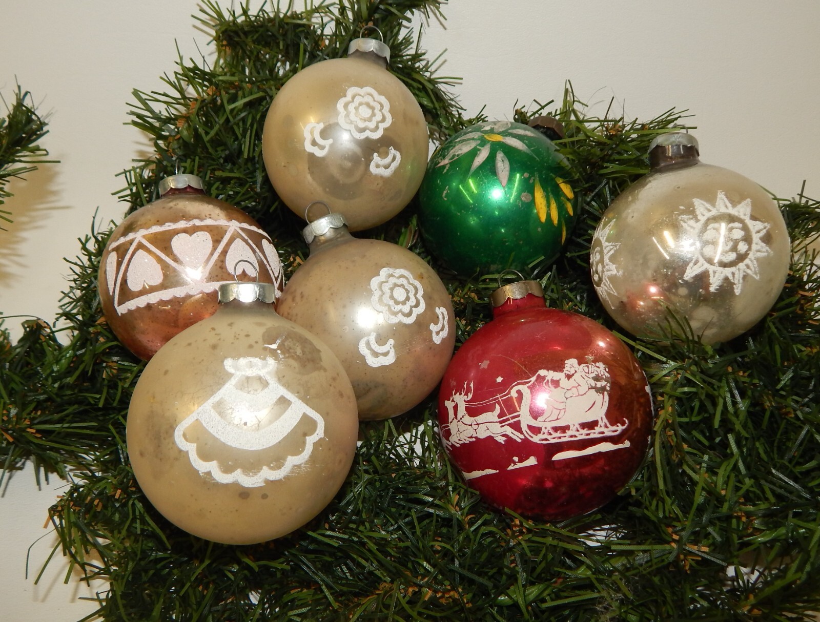7 Vintage Mercury Glass Stenciled Mica Christmas Ornaments