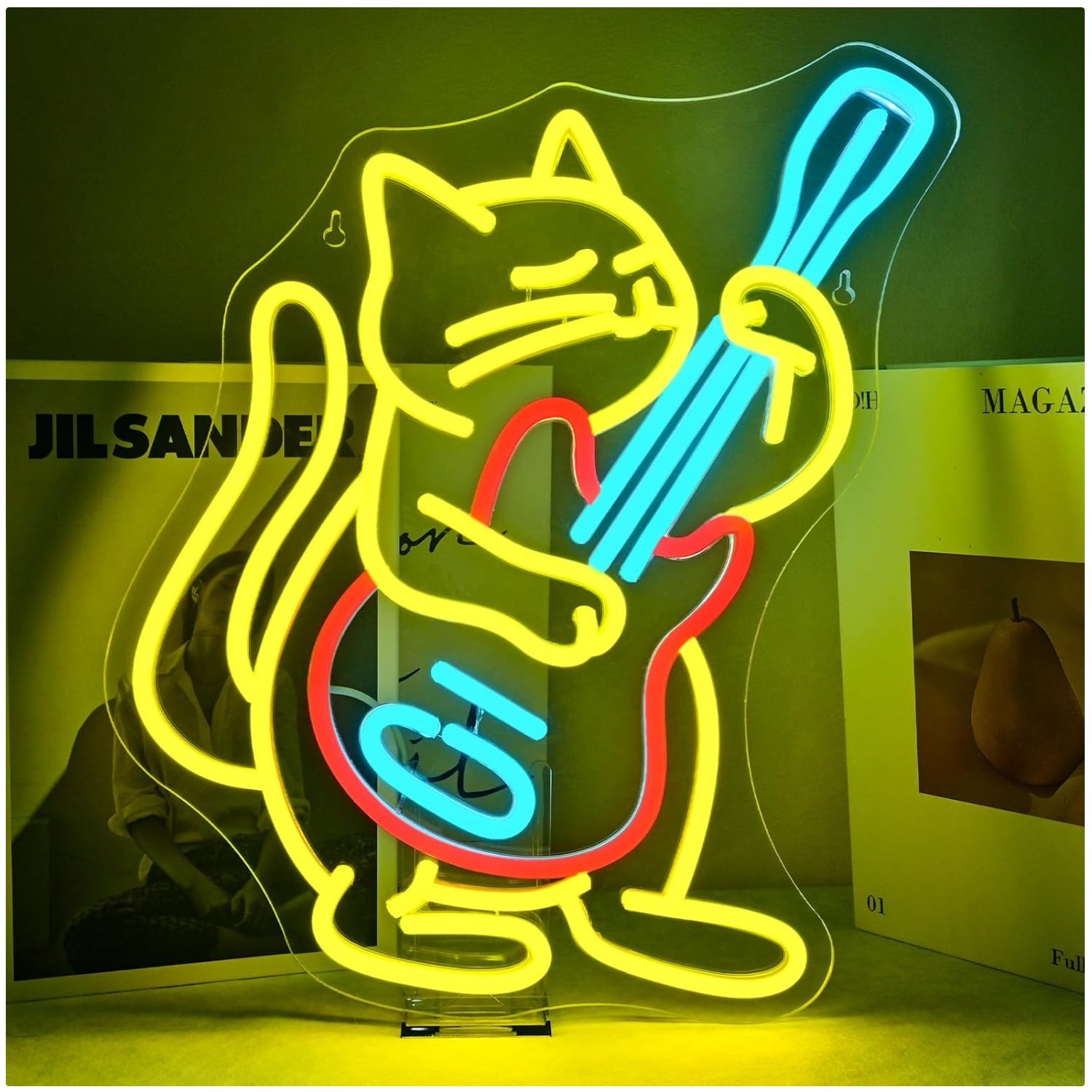 Neon Guitar Cat Lamp | Adjustable Brightness USB Powered