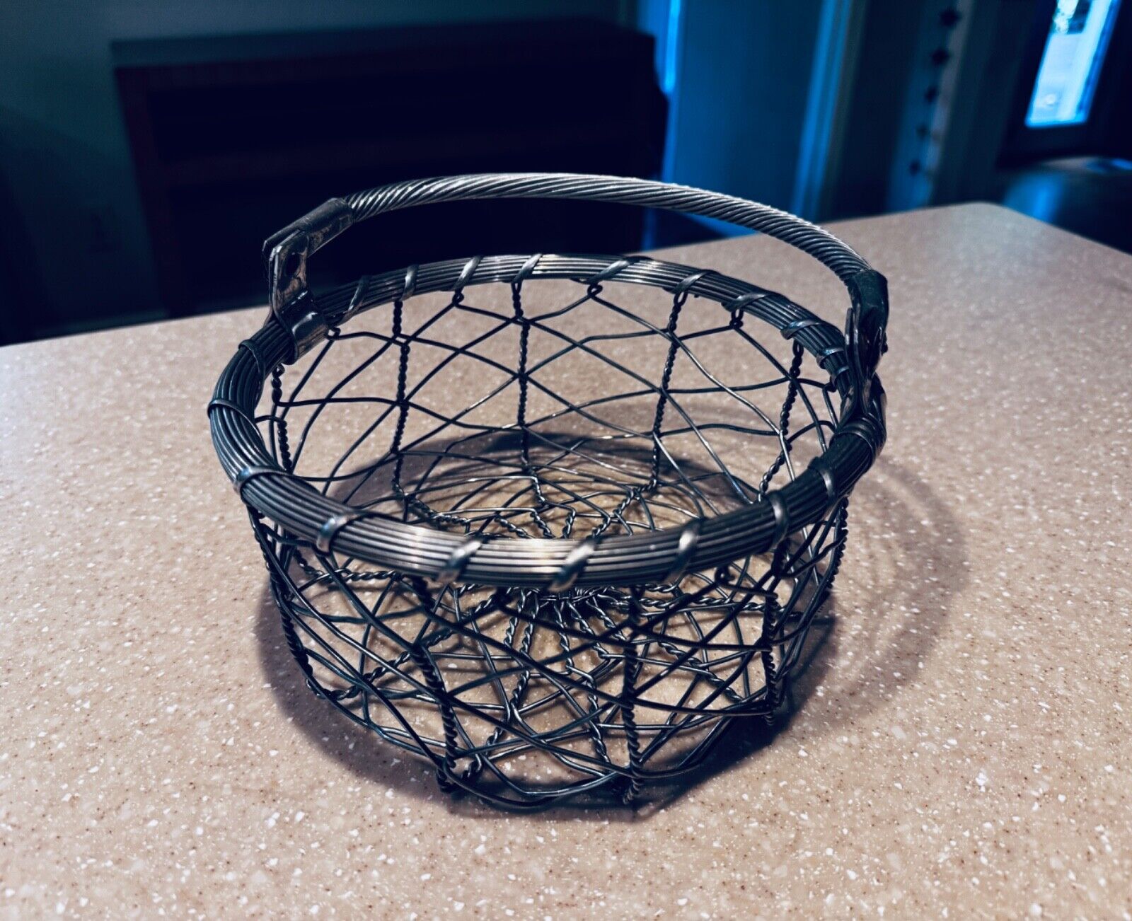 Vintage Mid Century Metal Round Wire Basket with Handle