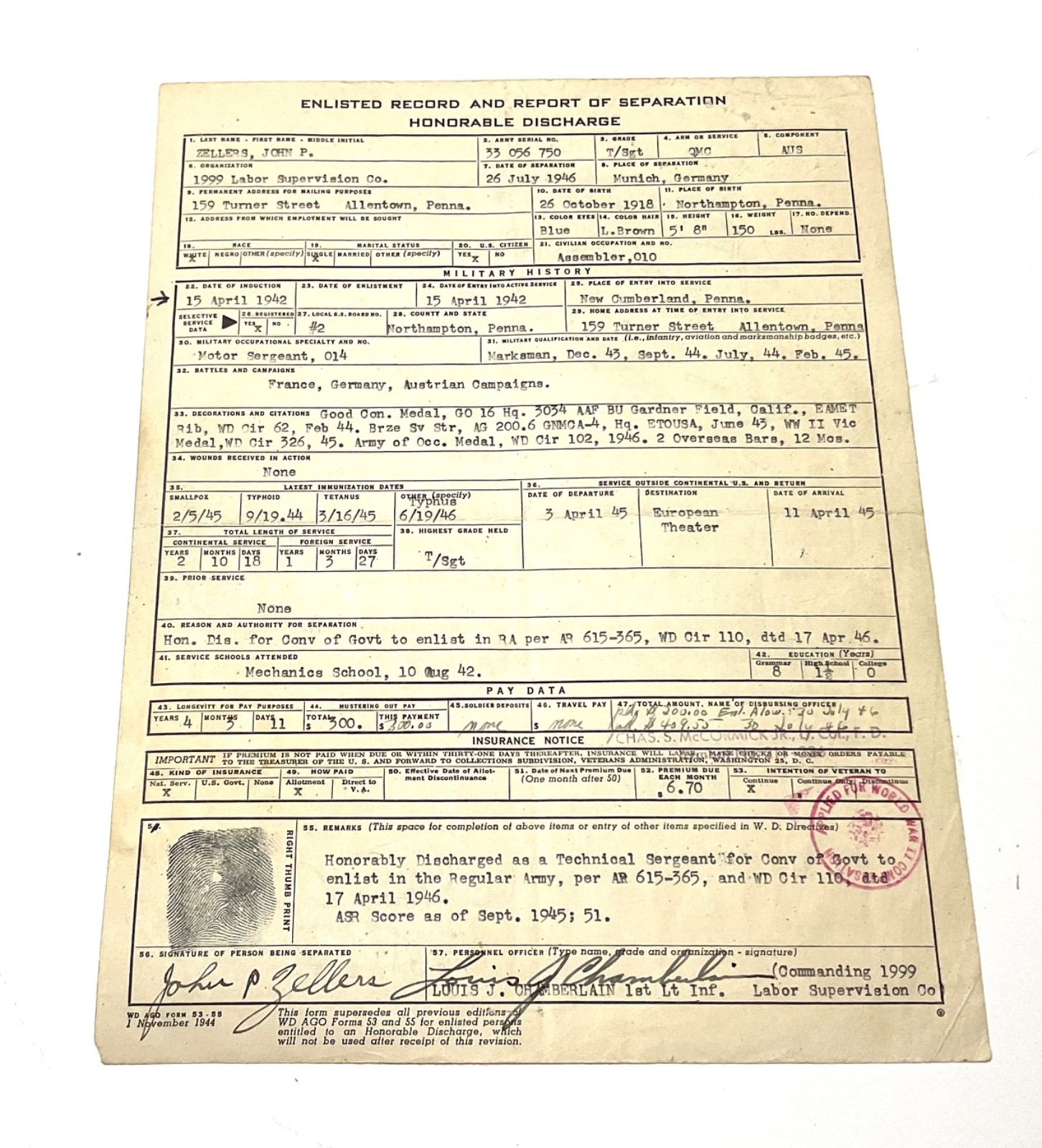 WWII US Army Honorable Discharge Certificate WD AGO 53-55 1946 Munich Germany
