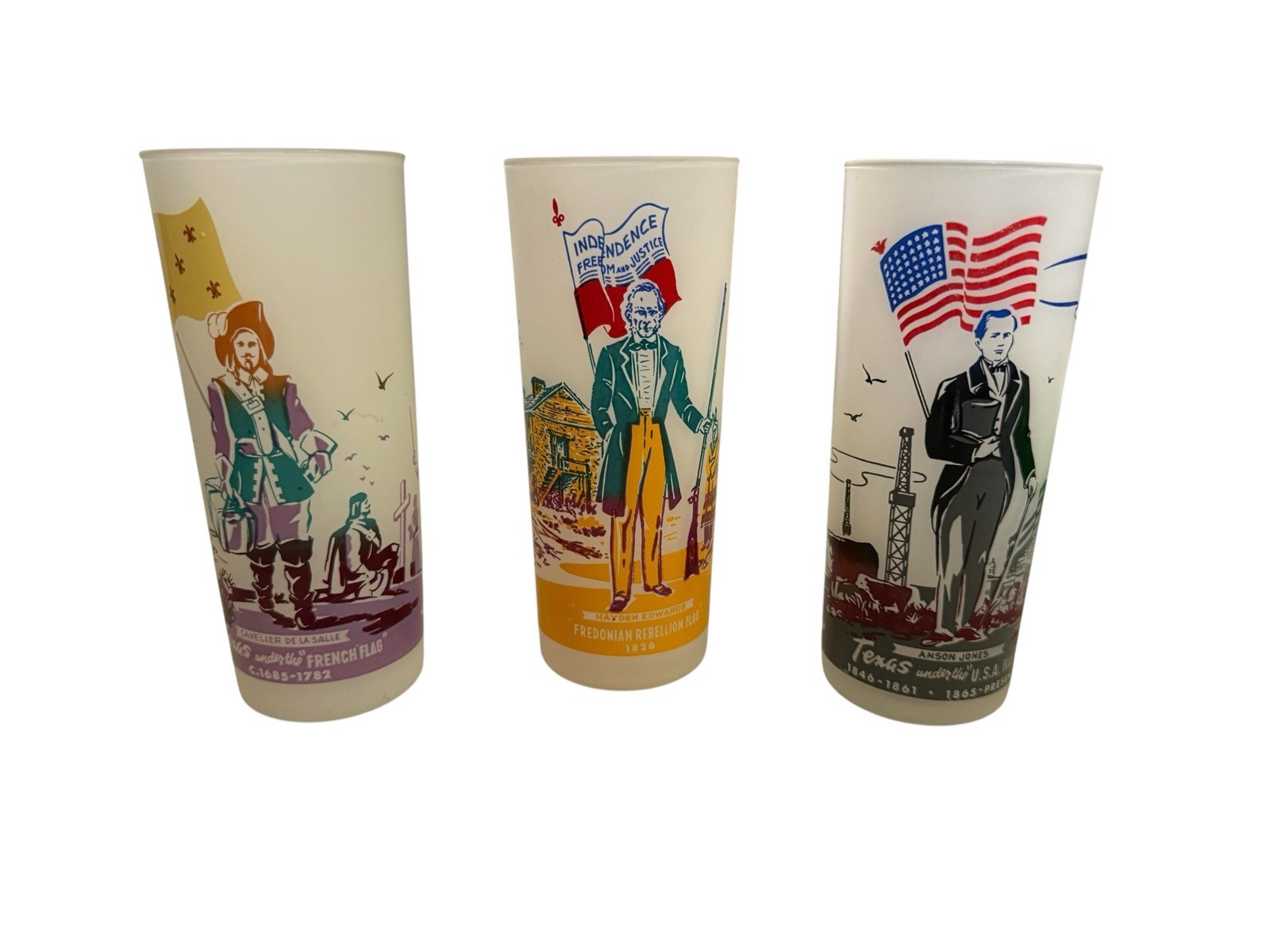 Vintage Texas Flags Frosted Tumbler Drinking Glasses French Rebellion USA