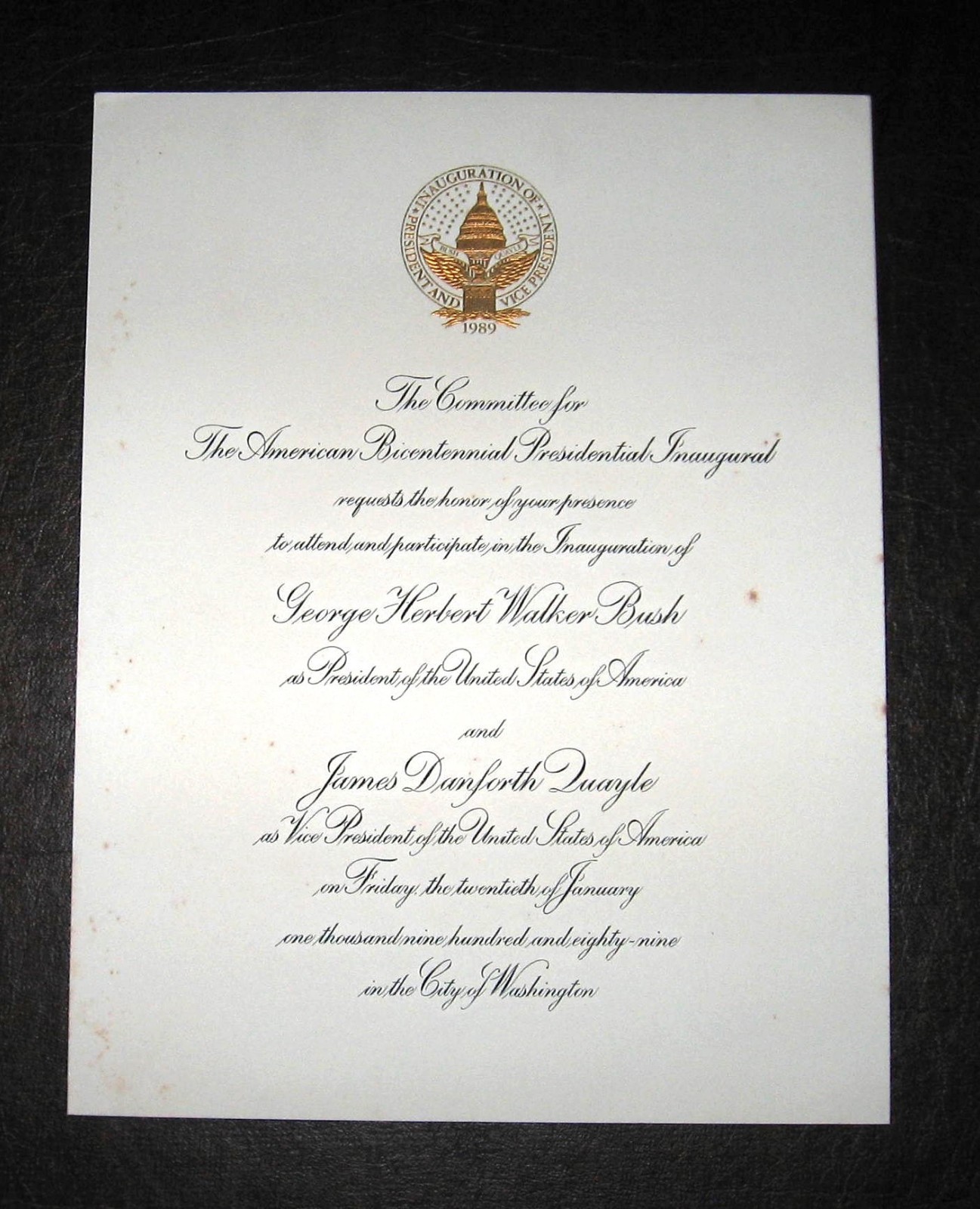 George H. W. Bush - 1989 Bicentennial Presidential Inauguration Invitation