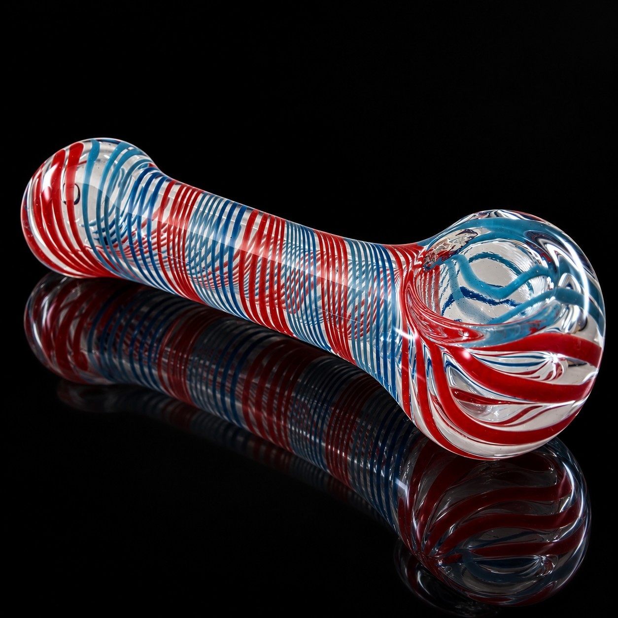 Glass Tobacco Hand Pipe Light Blue Red Spiral Linework Clear Glass