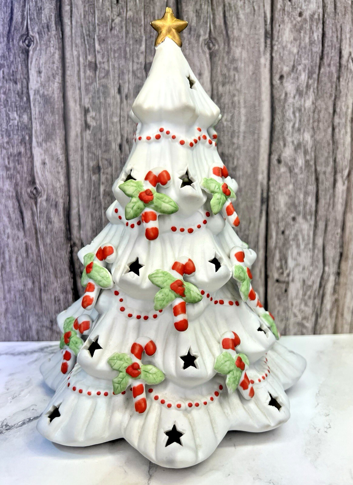 Apex Quality Taiwan Vtg White Ceramic Christmas Tree Candy Canes Light Up Apex Quality Taiwan Vtg White Ceramic Christmas Tree Candy Canes Light Up