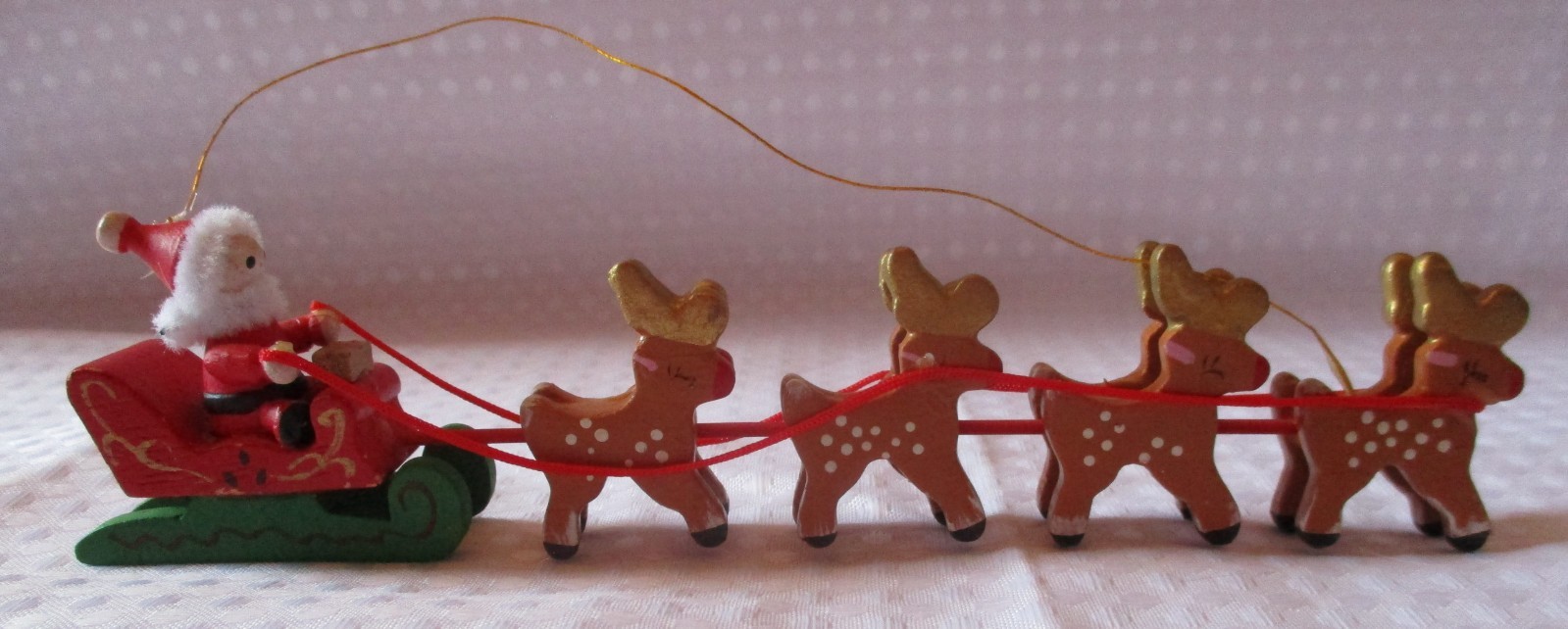 Vintage 1985 Wooden Santa, Sleigh & 8 Reindeer Christmas Ornament  7\