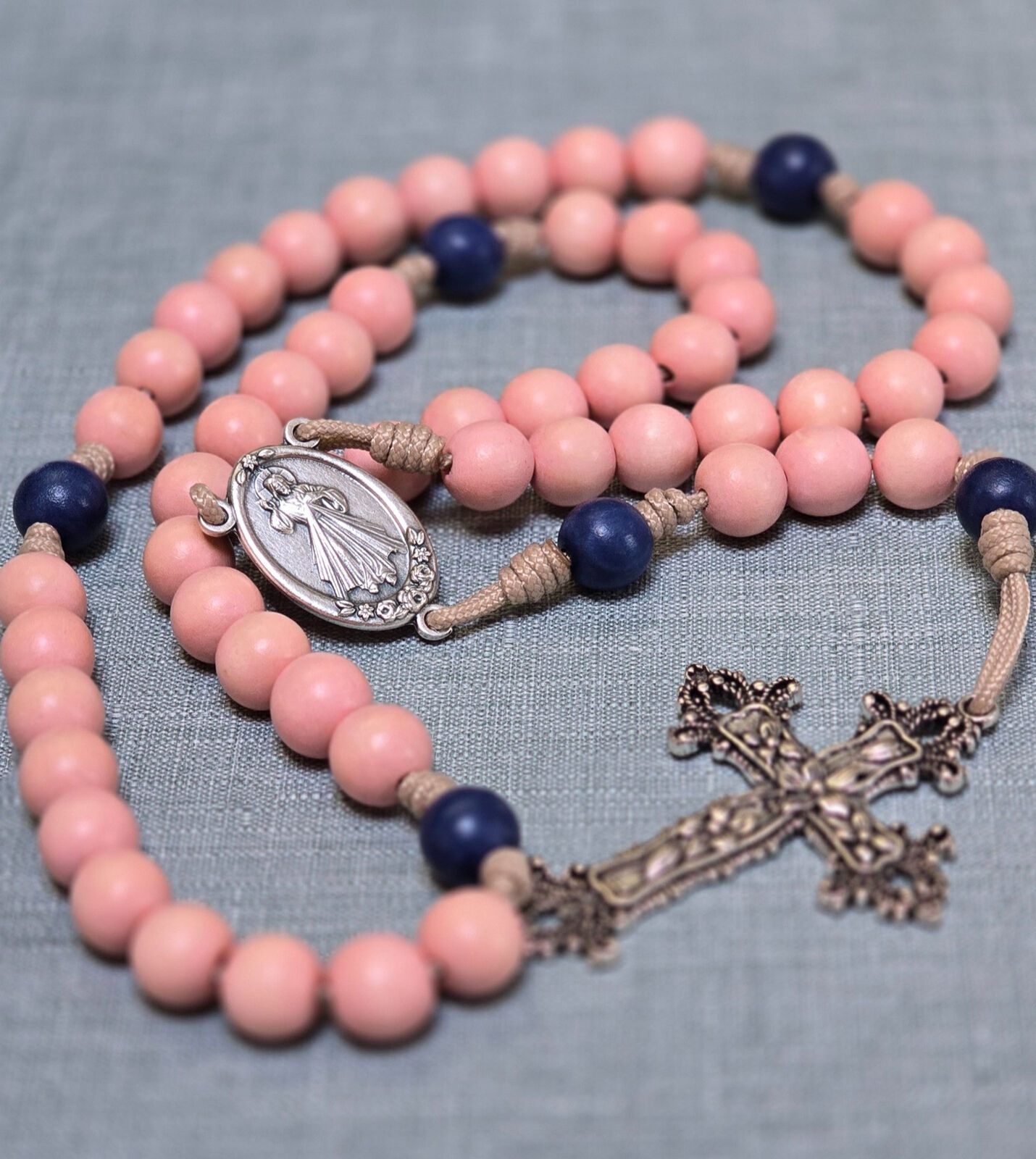 Coral Pink and Cobalt Blue Rosary with Large Fleur de Lis Cross