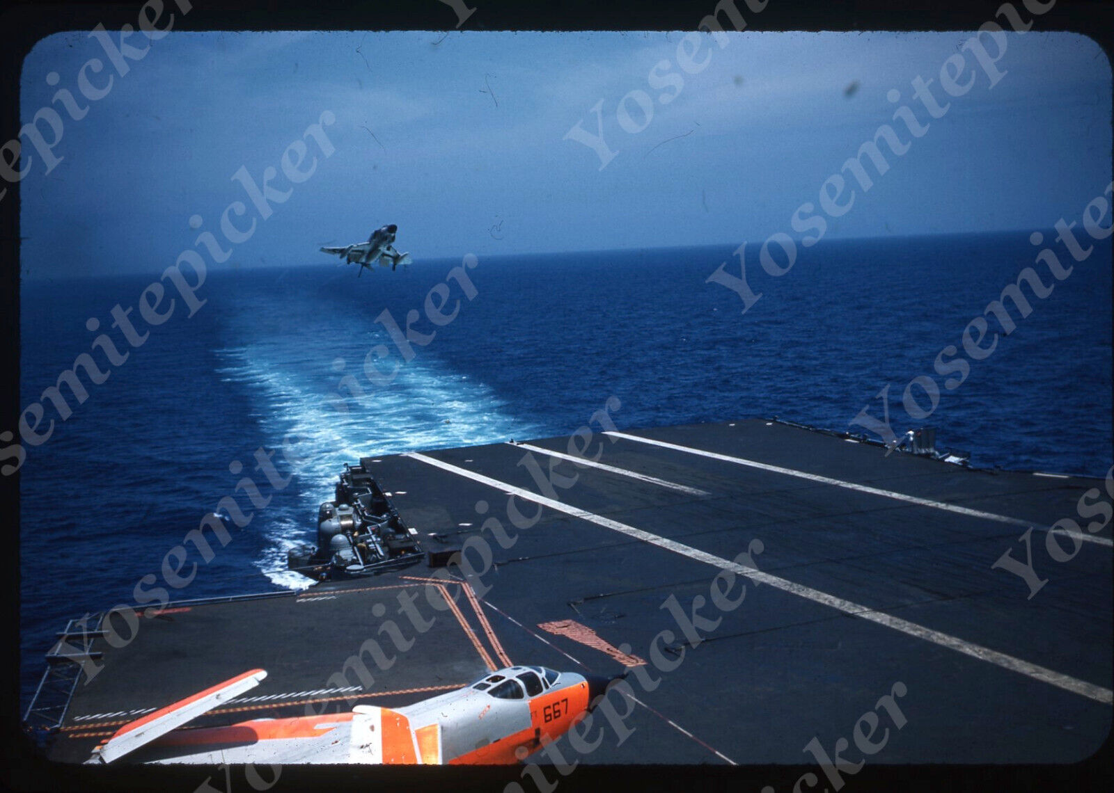 sl87 Original Slide 1960\'s Military jet landing on carrier ship deck 087a