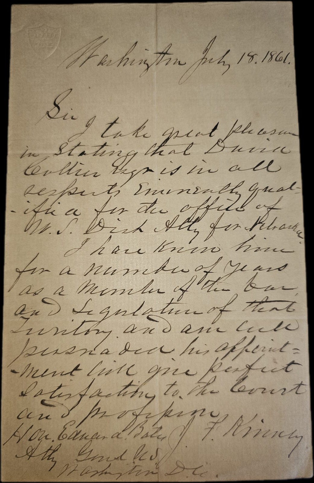 Rare 1861 Endorsement Nebraska Territory John Fitch Kinney To AG Edward Bates