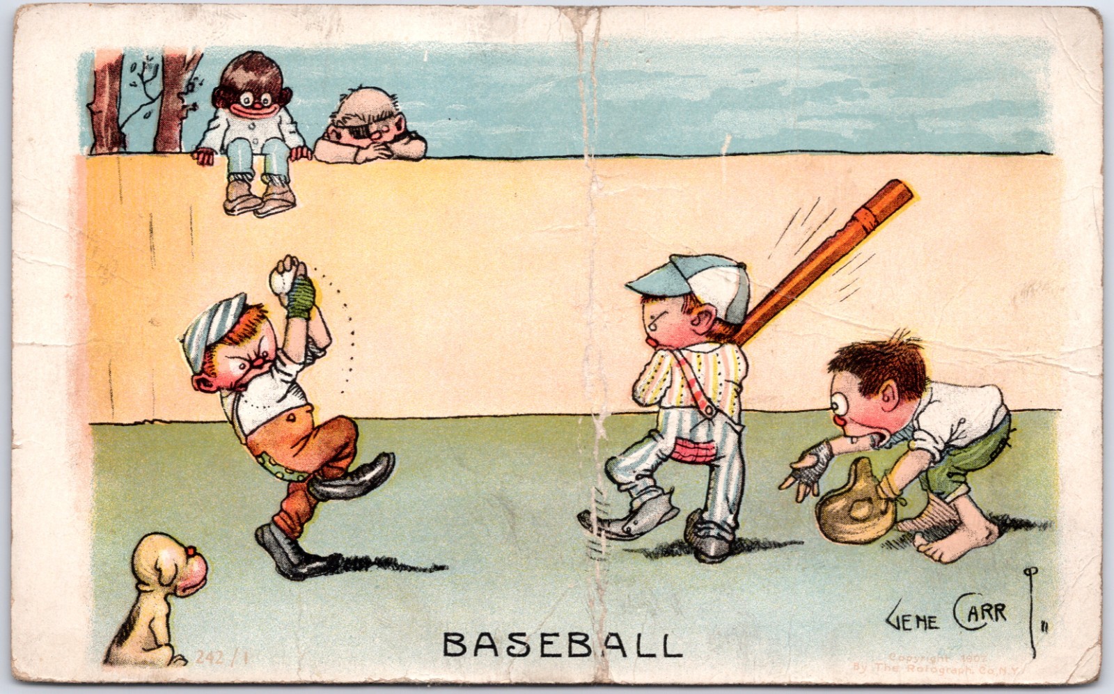 ANTIQUE GENE CARR BASEBALL CHILDREN DOG ROTOGRAPH 1907 COMIC POSTCARD PQ