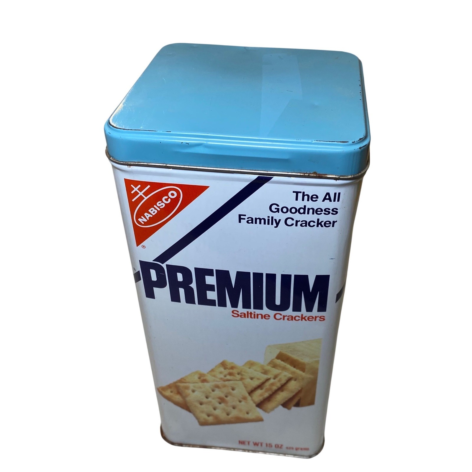 Vintage 1978 Nabisco Premium Saltine Crackers Tin Canister 15 Oz Blue Lid