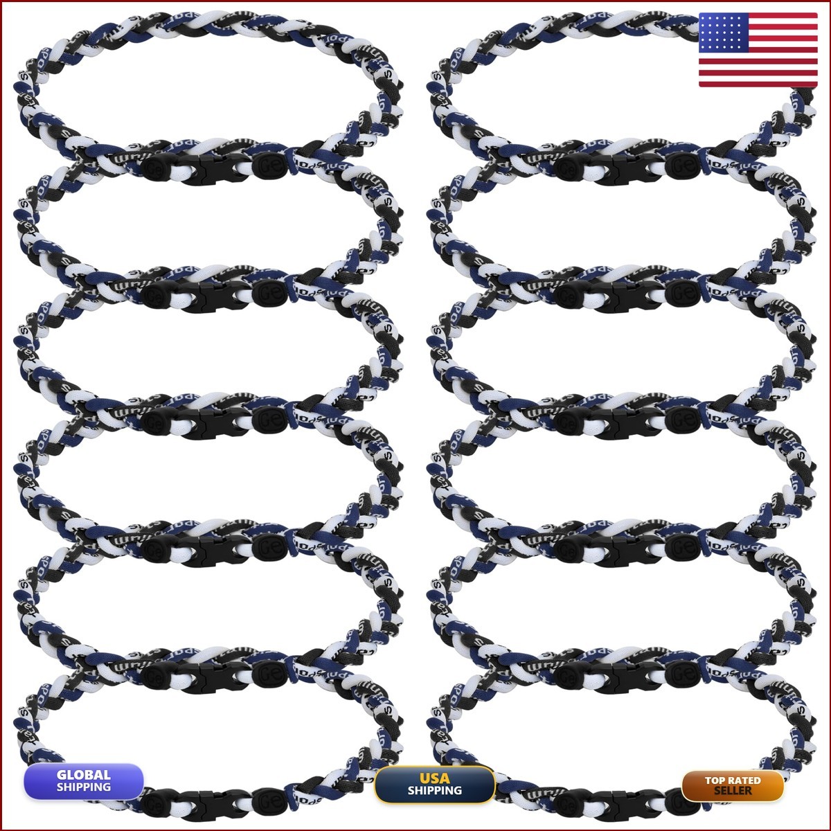JEANUE 12Pack Baseball Necklaces 18in Braided Rope Titanium Multi-Color