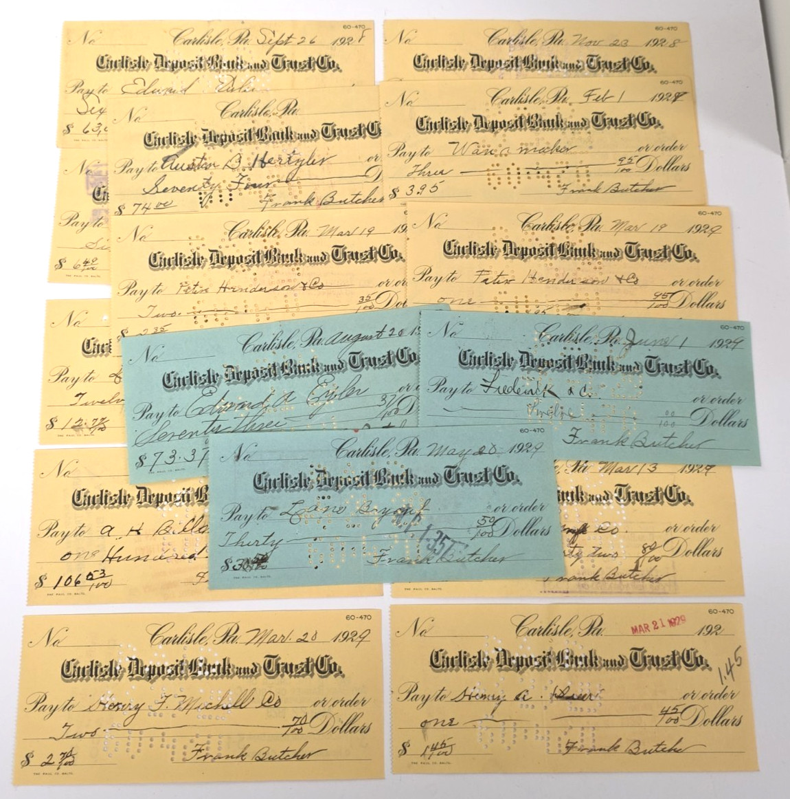 1920s Carlisle Deposit Bank & Trust Co PA Canceled Checks Lot of 17