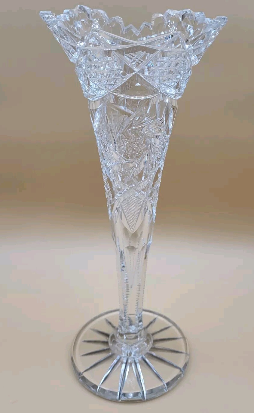 Fluted Crystal Cut Vase American Brilliant Period Tulip Saw Tooth Rim 10\'\'Tall