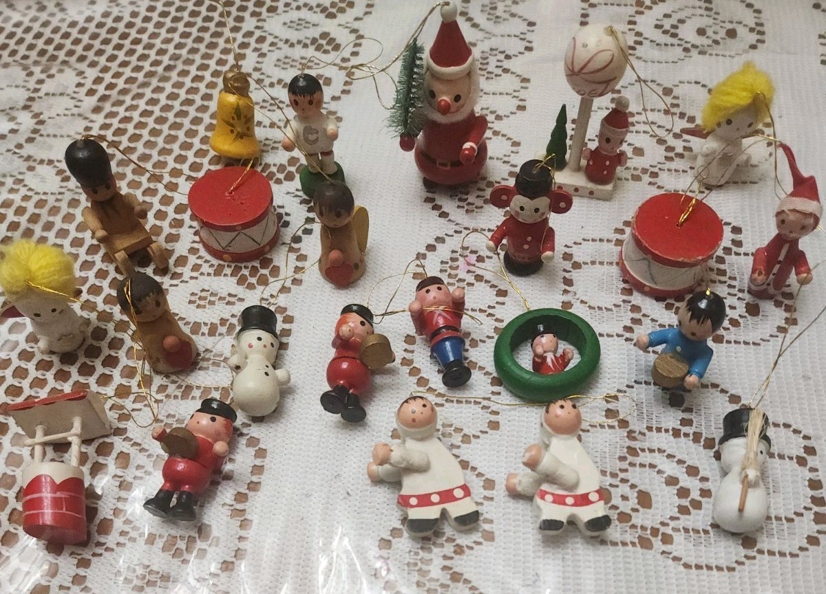 Vtg Lot of 23 Wood Christmas Ornaments Hand Painted Angel, Santa, Snowman, Etc.