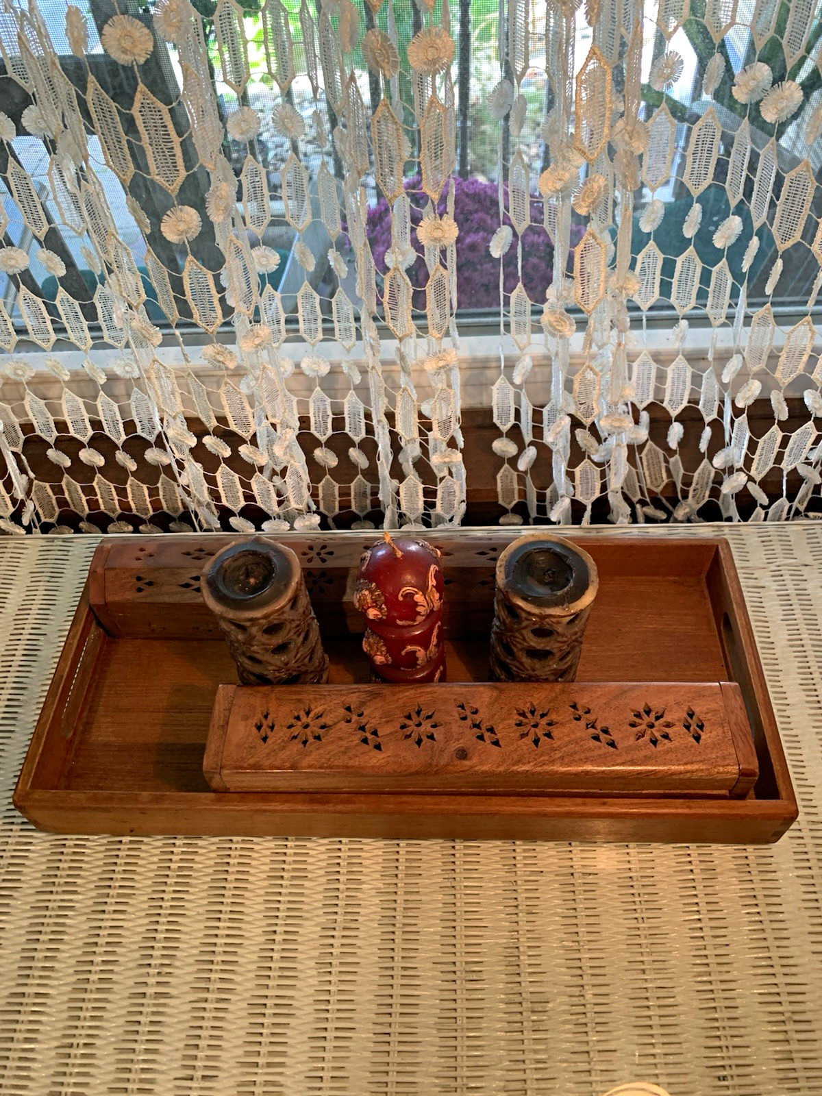 Kalmar Designs Teak Wood Tray Set w/ 3 Candles Floral Carved & 2 incense burners