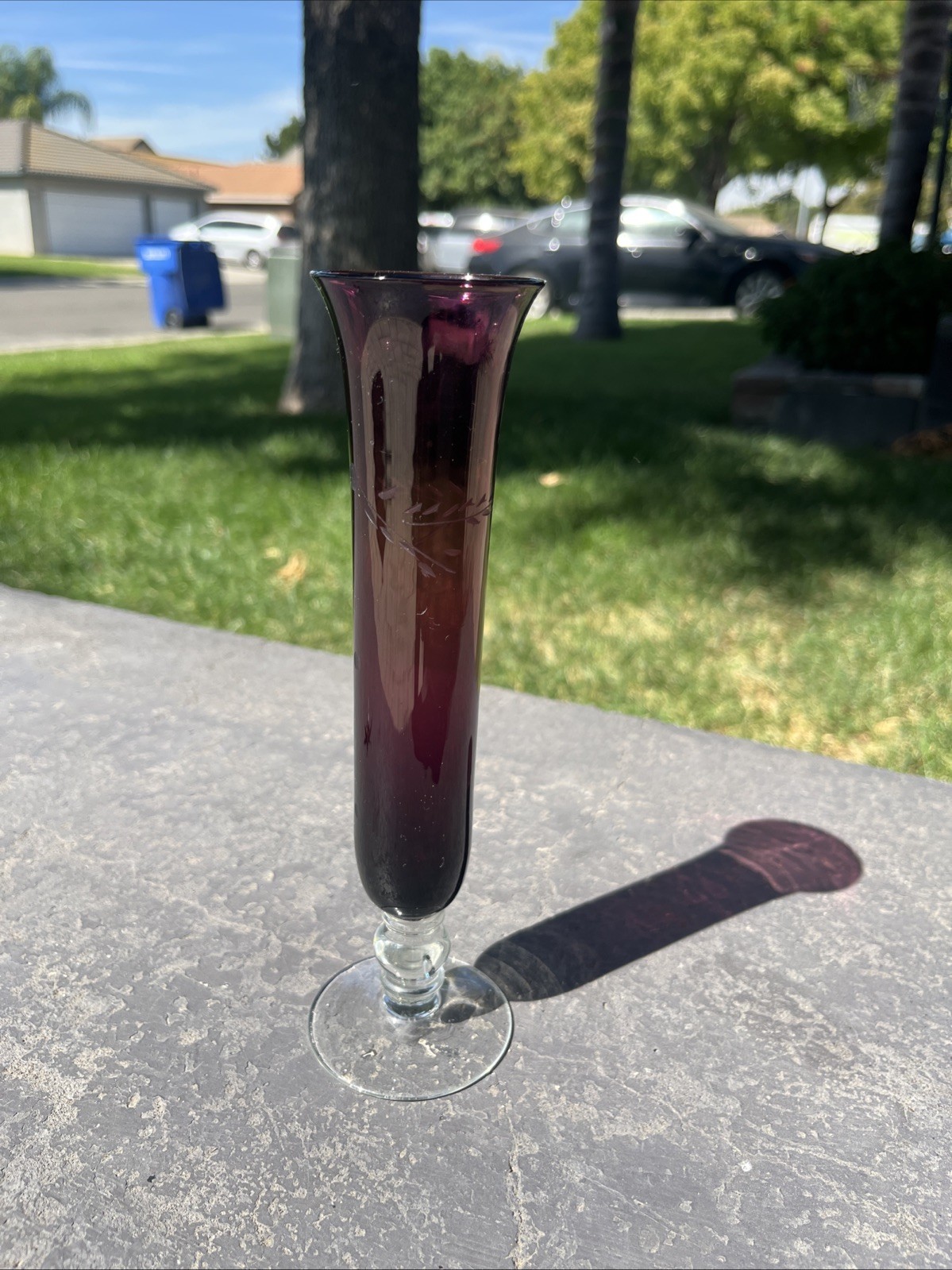 VTG Purple & Clear 8” Etched Glass Vase