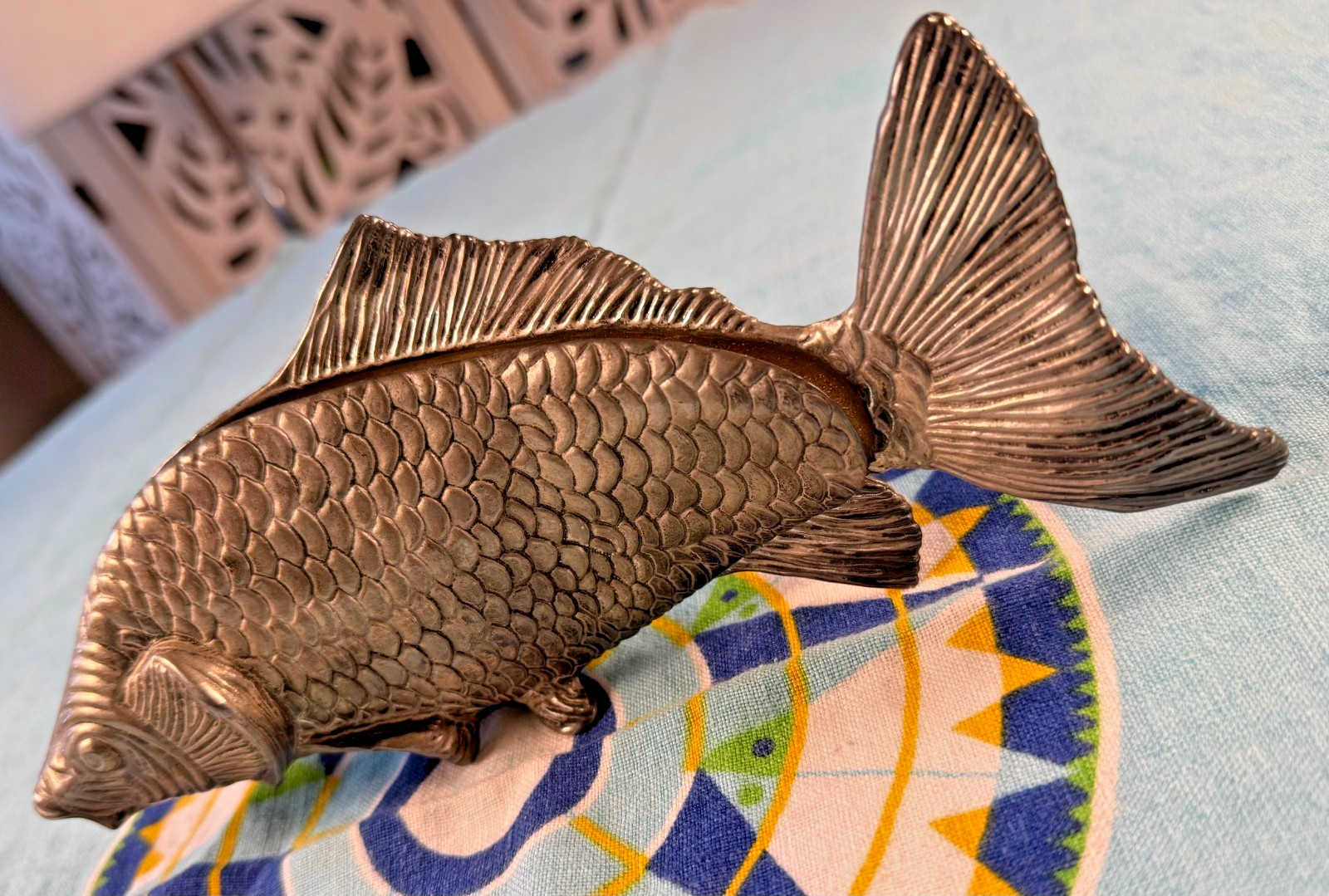 Vtg Italian MCM Silver Metal Fish Carp Koi Modello Depositato Logo Napkin Holder