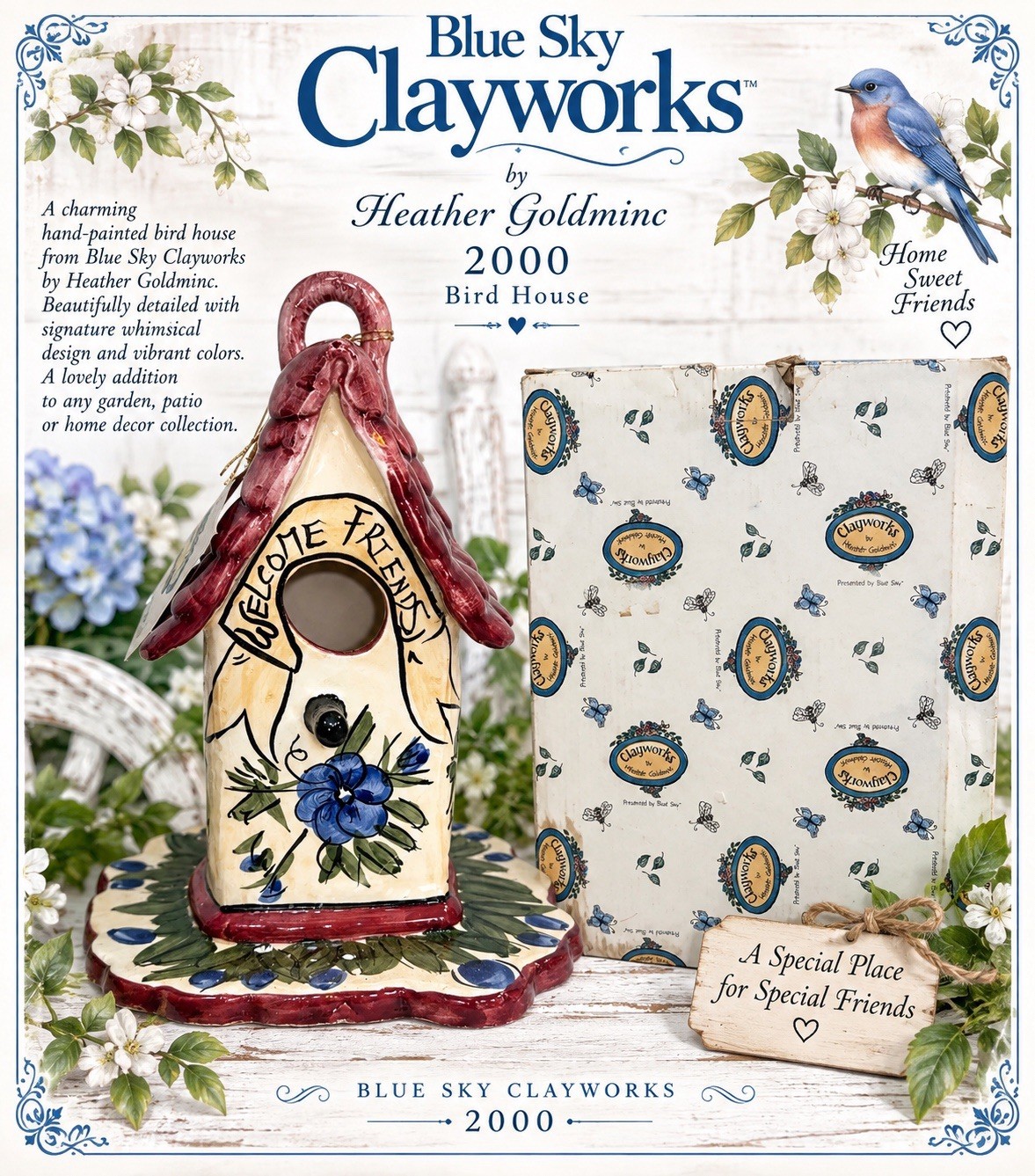 2000 Blue Sky Clayworks Bird House Floral Cottage Garden 9” Tall NEW