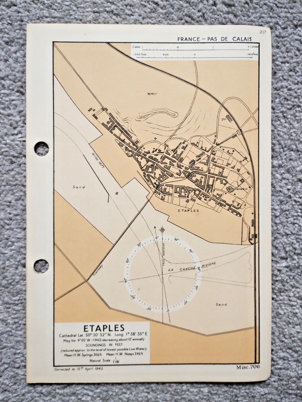 Etaples, France- 1943 Vintage Admiralty Royal Navy Map