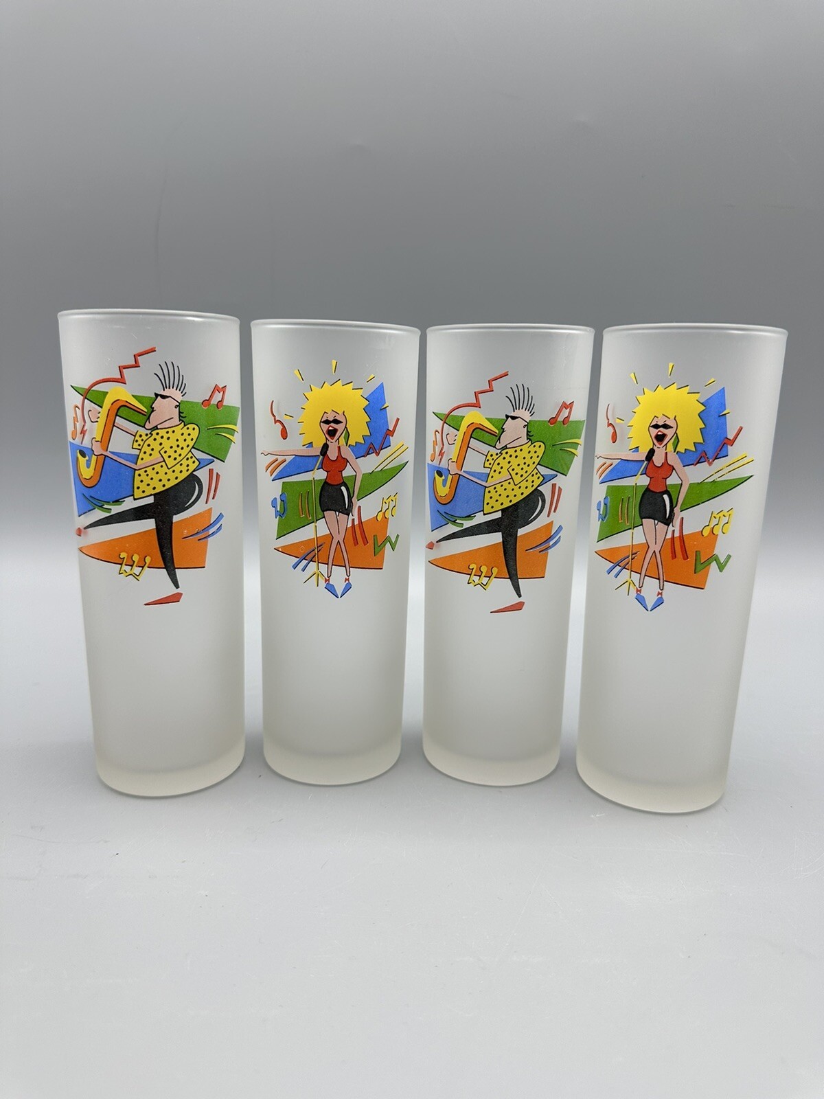 Vintage Tom Collins Tumbler Cups Glass 1980\'s 1990\'s Graphic Music Singer Retro