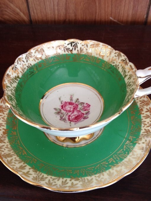 Royal Stafford Green Pink Roses Vintage Numbered Royal Stafford Teacup + Saucer