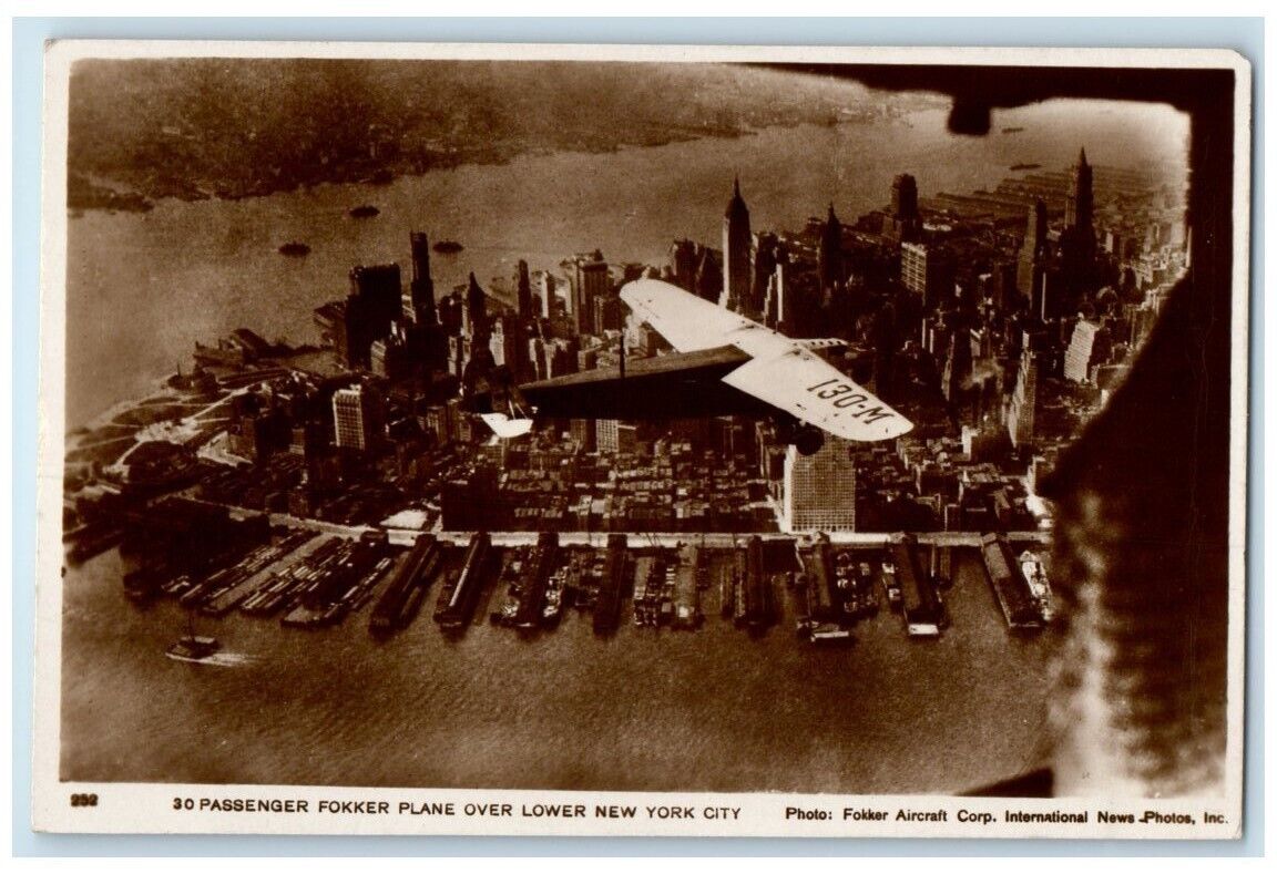 c1920\'s Fokker Airplane Aerial View Lower New York City NY RPPC Photo Postcard