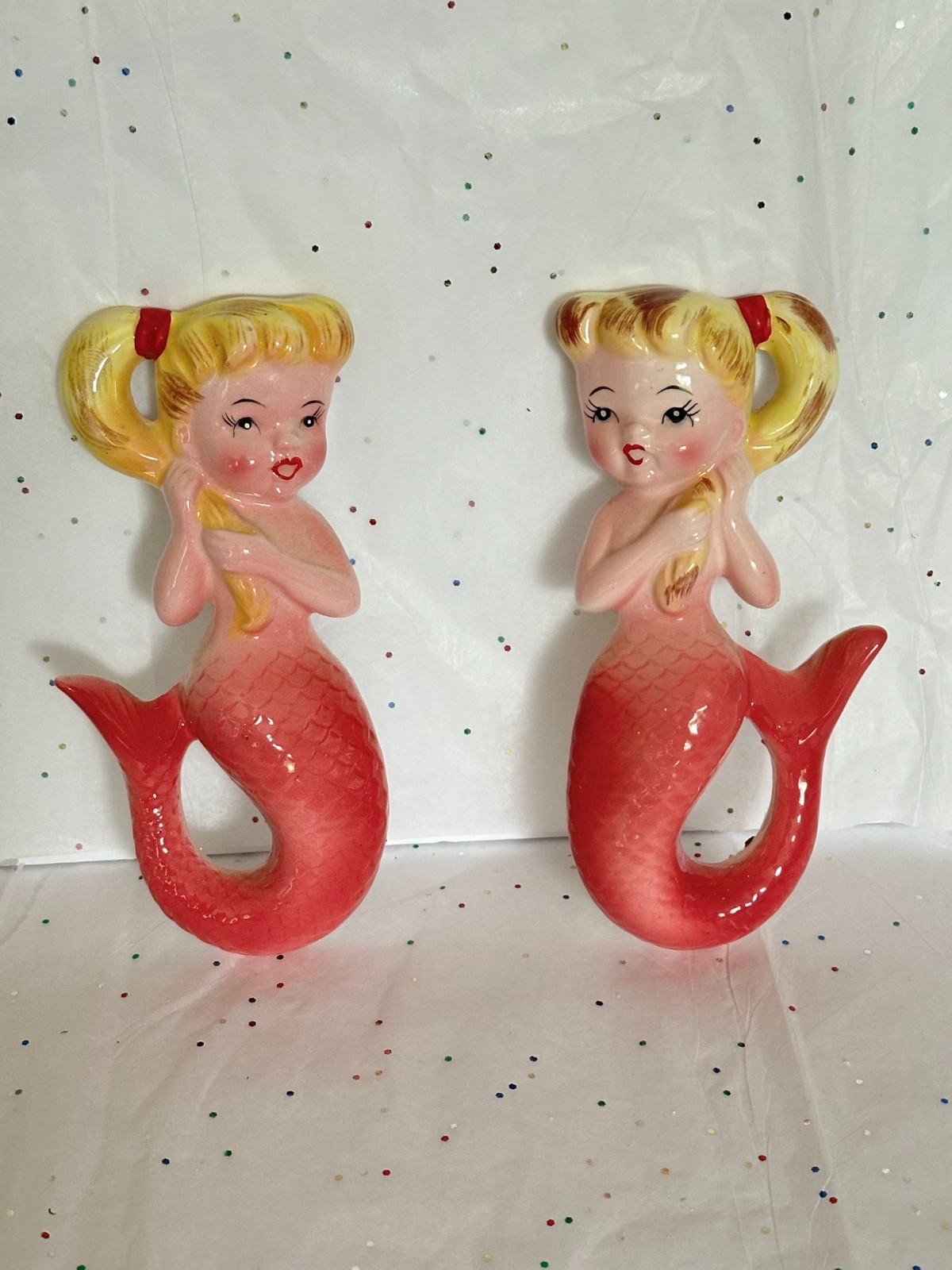 Vtg Norcrest Mermaid Pair Pink Blonde Hair Retro Bath Wall Plaque Lefton Napco