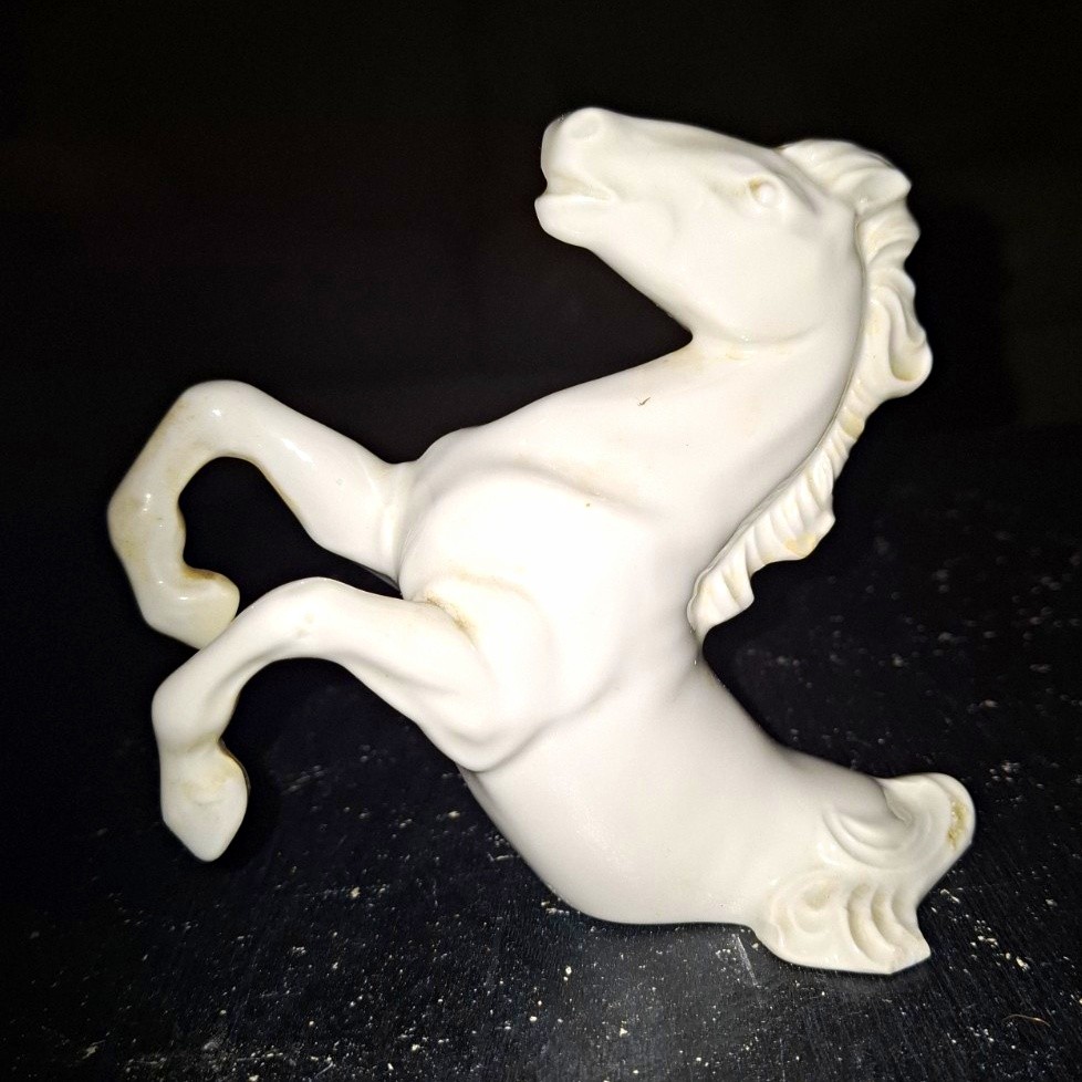 White Porcelain Rearing Horse Figurine Glossy 3D Effect, Czechoslovakia 7625