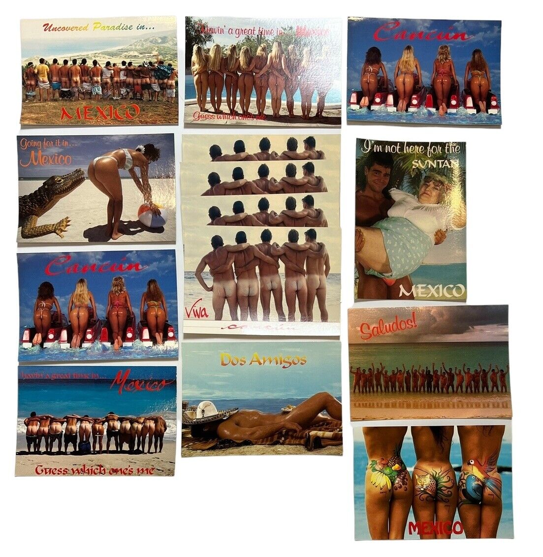 Vintage Postcard Adult Humor Bikini Babes & Dudes Cancun Mexico Sun Sand Unused