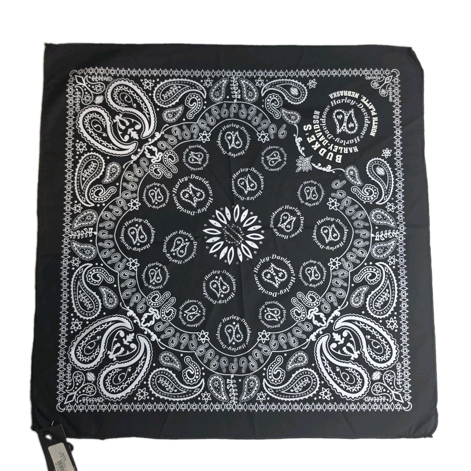 Vintage Harley-Davidson Bandana Budke\'s North Platte NE Studded Paisley Black 