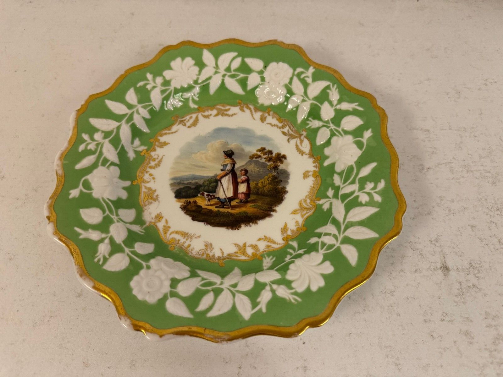 Antique Likely English Porcelain Plate w/ Painted Woman Child & Dog Scene Antique Likely English Porcelain Plate w/ Painted Woman Child & Dog Scene