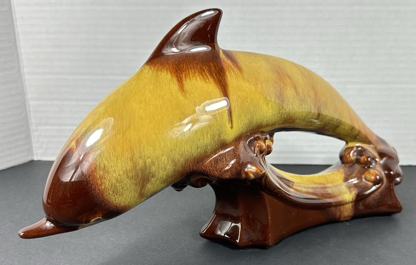 Vintage Large Harvest Gold Mountain Pottery Figurine Dolphin Statue 12”