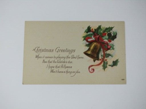 Christmas Greetings Unposted Postcard Bell Holly Leaves & Red Berries Vintage