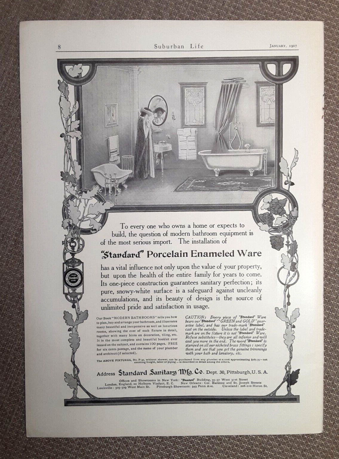 1907 STANDARD Porcelain SANITARY Large Magazine AD ~ COMPLETE Works/GEORGE ELIOT