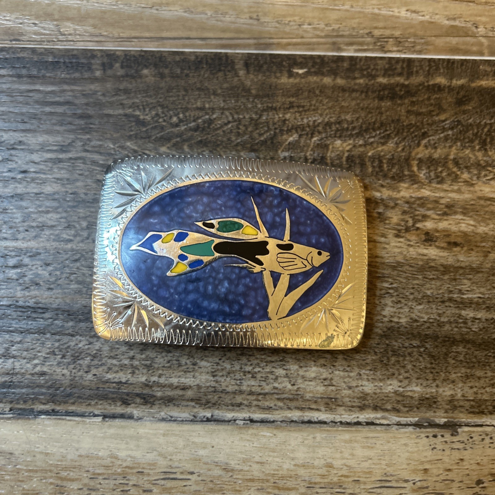 VTG Johnson & Held Handmade Belt Buckle Fighting Betta Fish Blue/Green Inlay