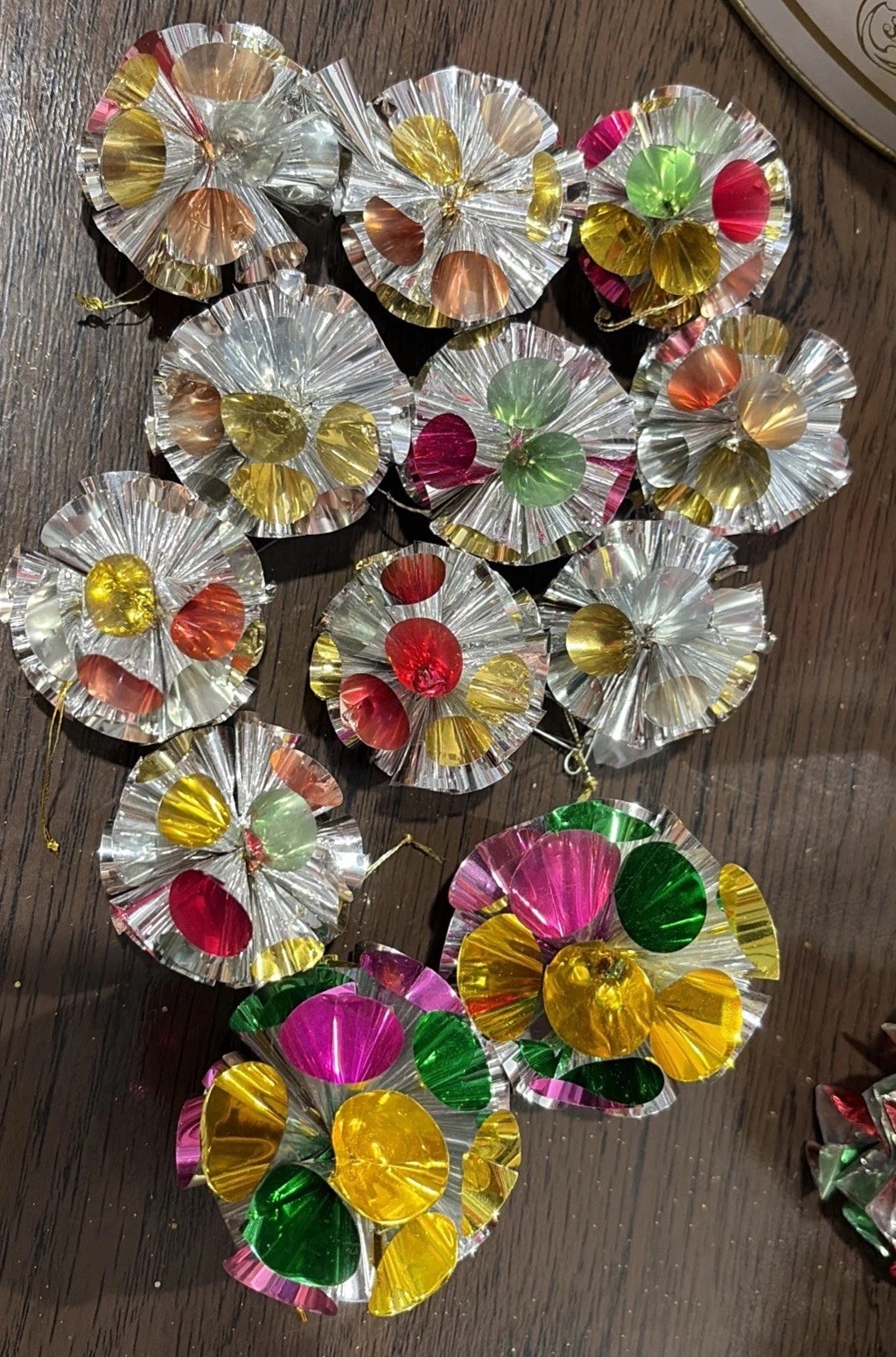 Vintage Atomic Pompoms Foil Mylar Christmas Pastel ?Ornaments 10 Sm 2 Lg