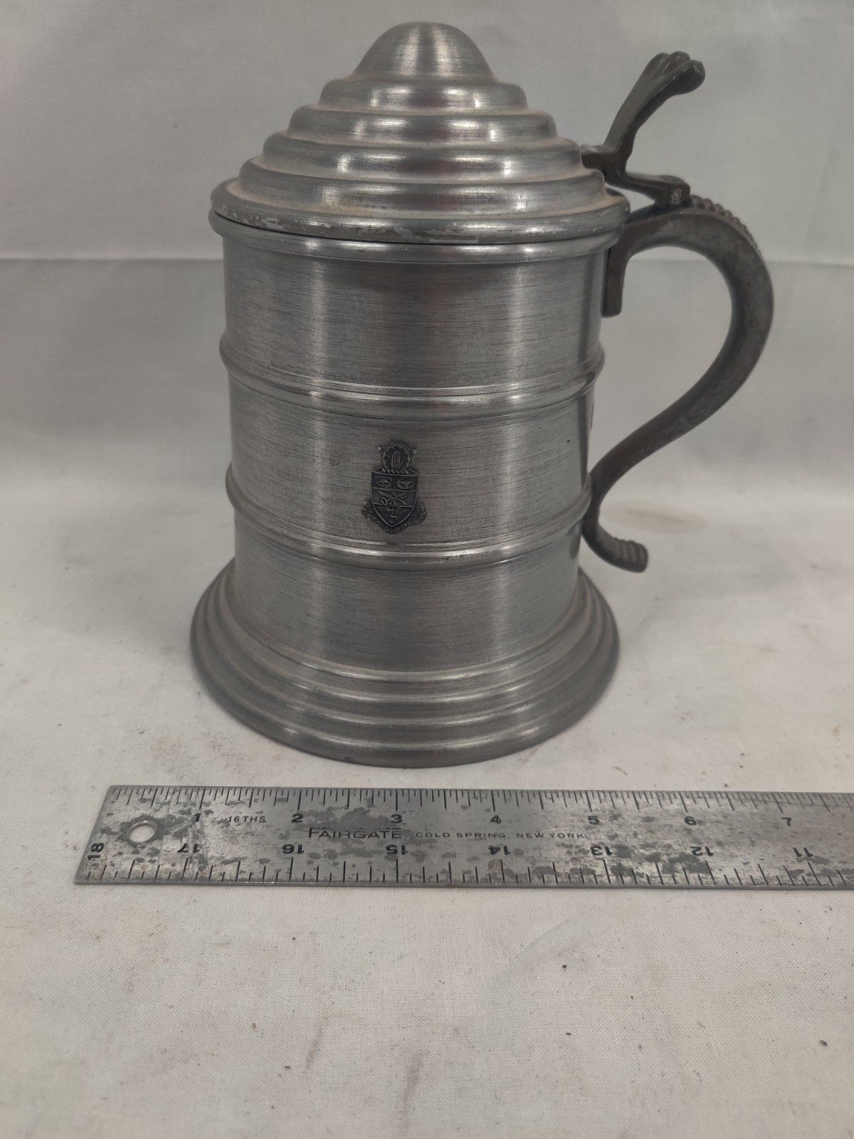 Vintage APEX Quality Pewter Lidded Tankard Stein Hinged Lid Crest Emblem