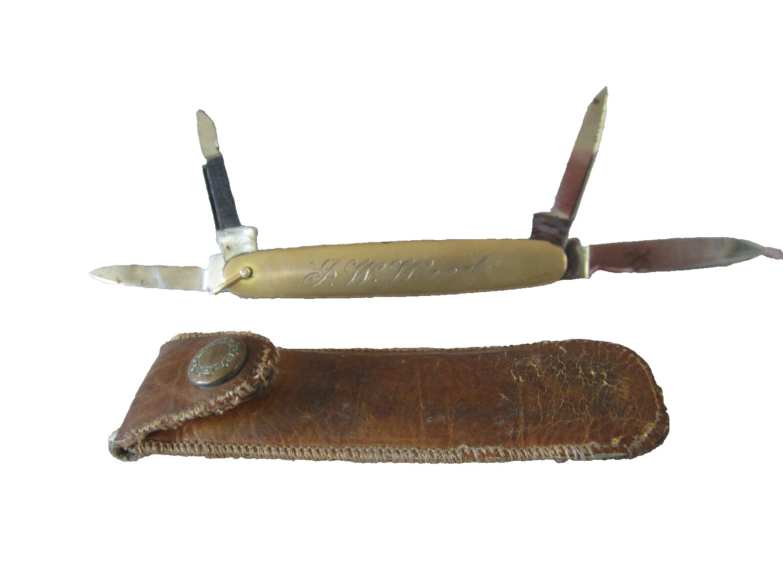 Krusius Bros Gold Engraved Antique Pocket Knife w/ Leather case 4 blades Germany