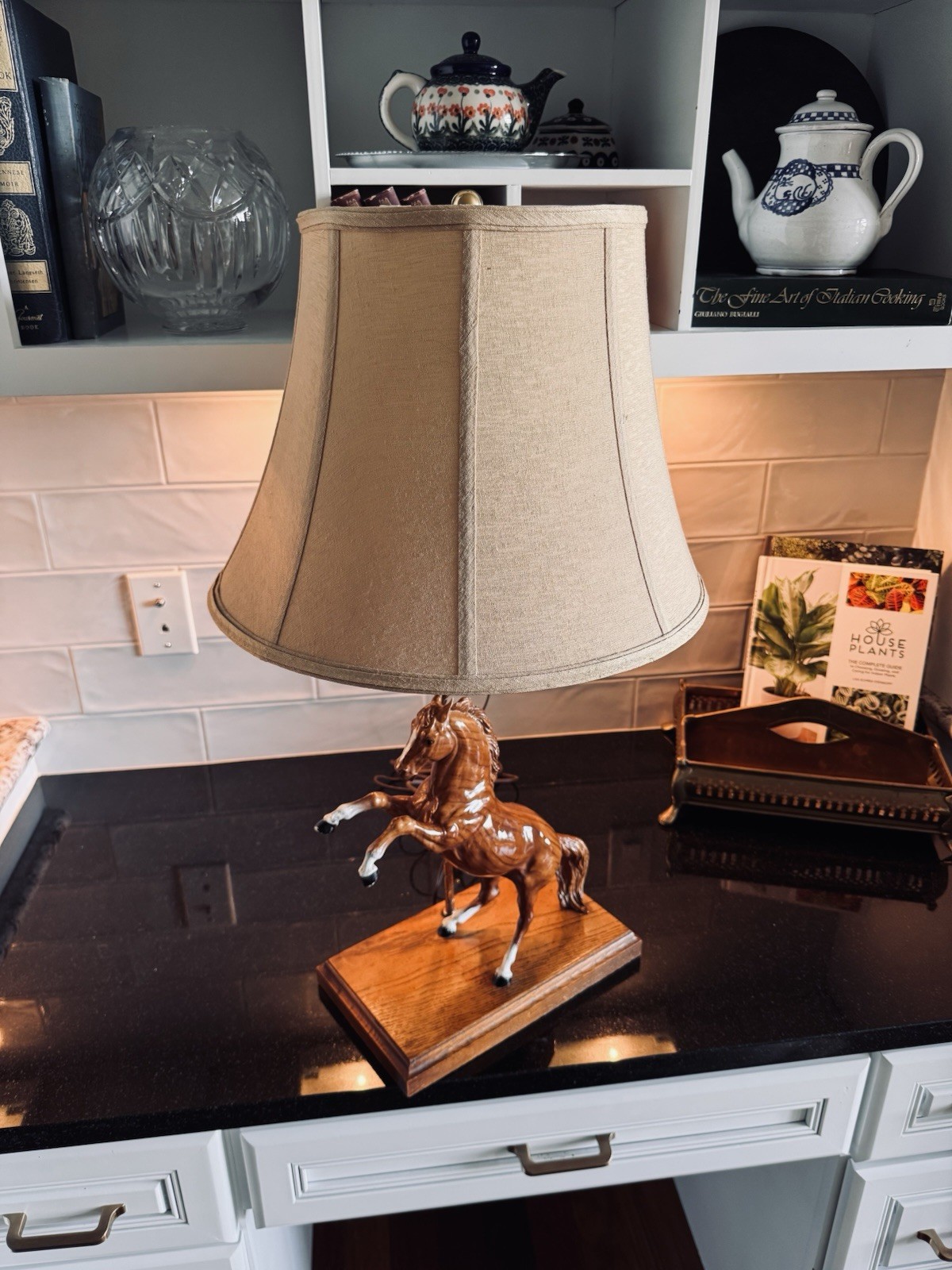Vintage Rearing Horse Table Lamp 3-Way Equestrian Decor Wood Base 27”