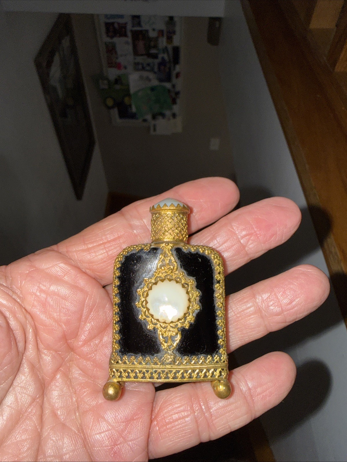 Unique Ornate Mini Austrian Perfume Bottle Black White Cabochons Gold Accents