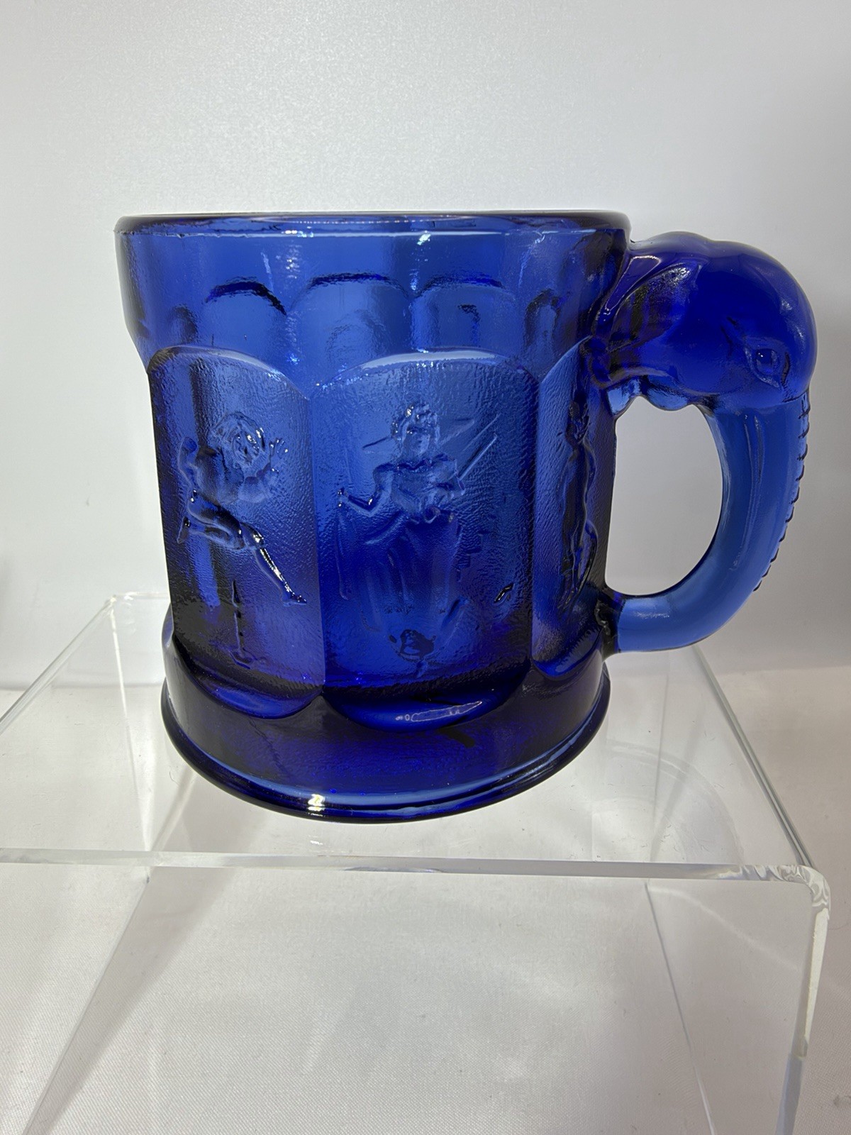 Vintage Imperial Glass Nursery Rhyme Child Cup Mug Elephant Handle Cobalt Blue