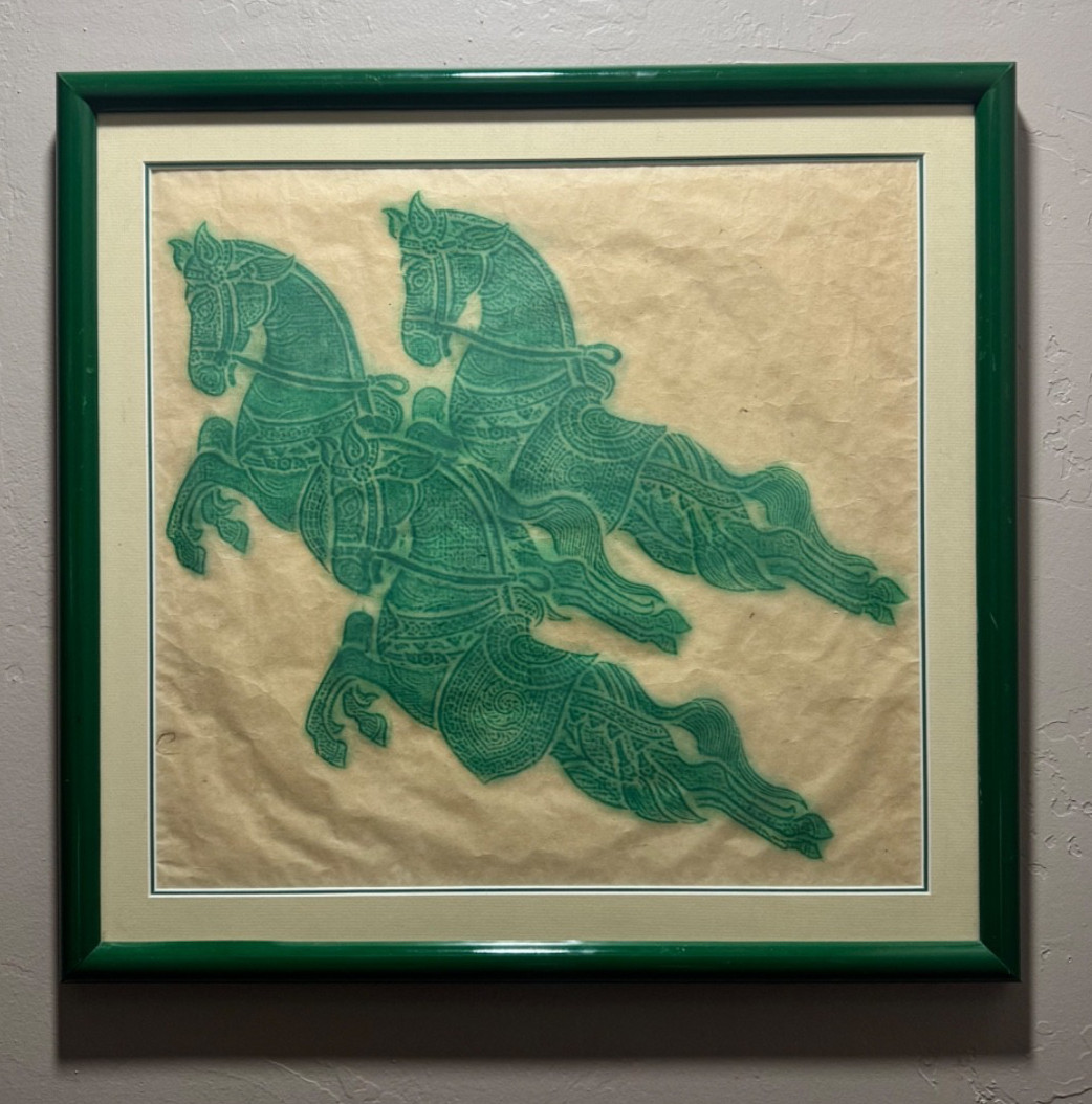 Vintage Thai Temple Rubbing 3 Horses Green Rice Paper Art Framed Mid Century MCM