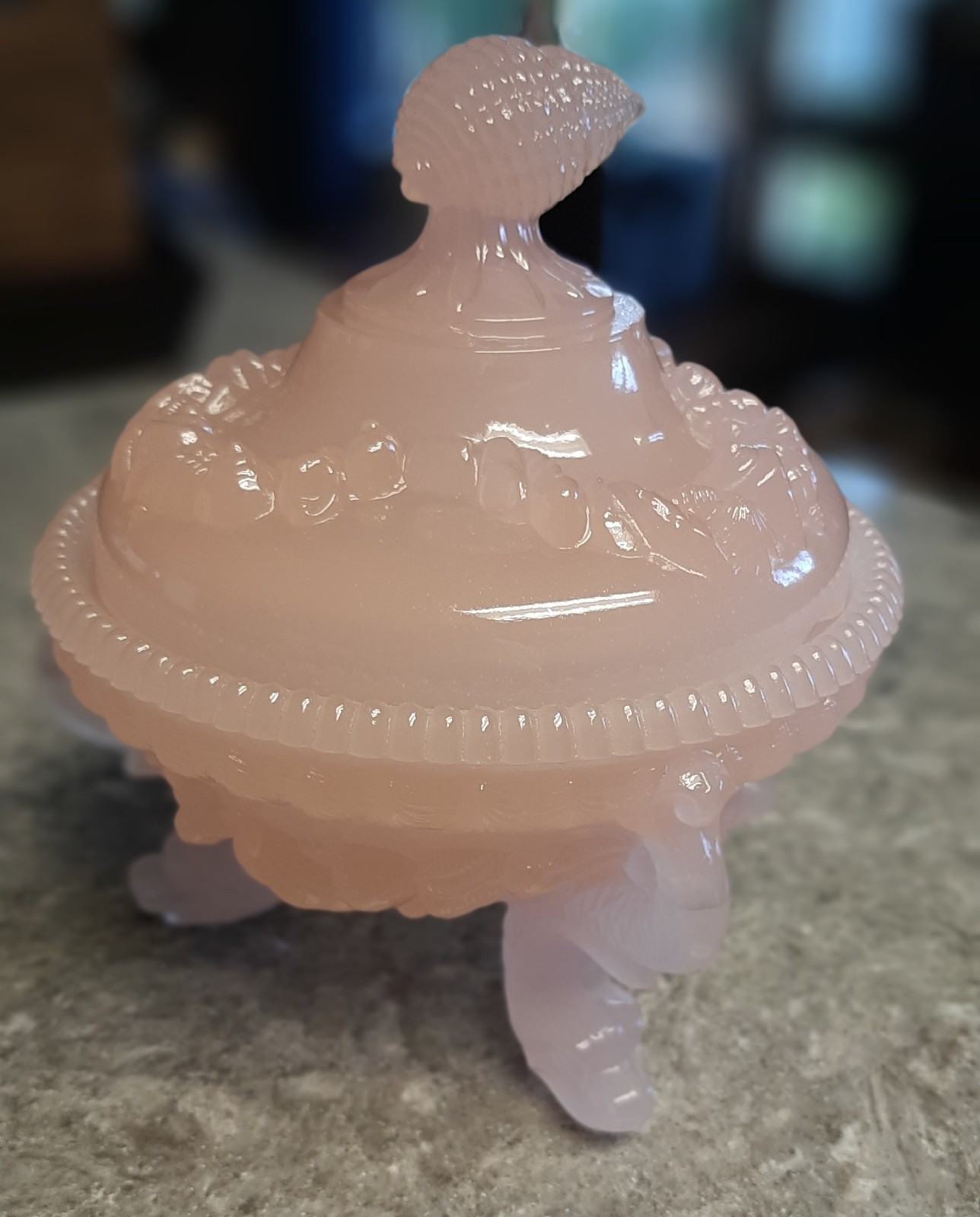 VTG Westmoreland Argonaut Shell Covered Candy Dish Bowl Semi-Opaque Pink Glass VTG Westmoreland Argonaut Shell Covered Candy Dish Bowl Semi-Opaque Pink Glass