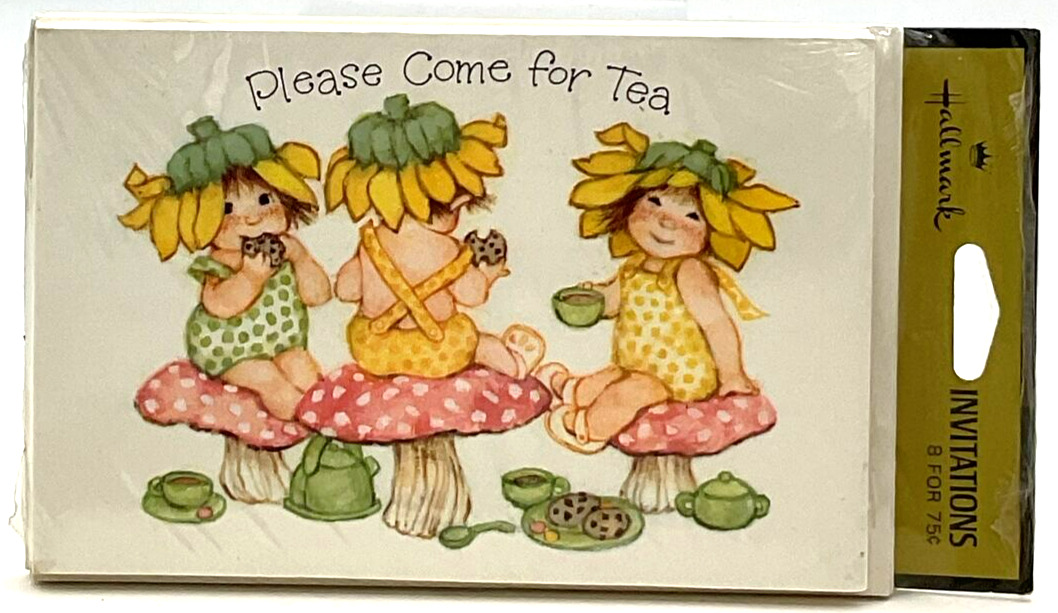 Vintage Hallmark Invitations Please Come for Tea Amanita Mushrooms Sunflower