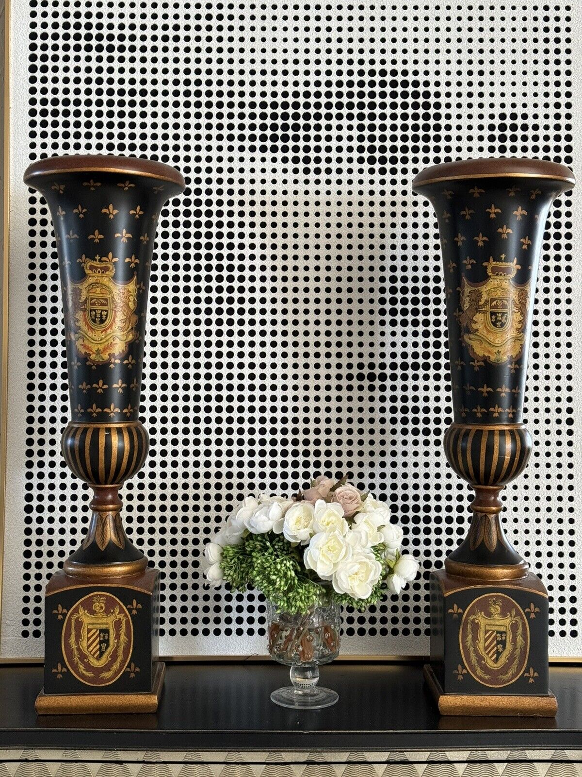 A Pair Of statement making black and gold Trophy Shaped Vases 24 5/8” Tall